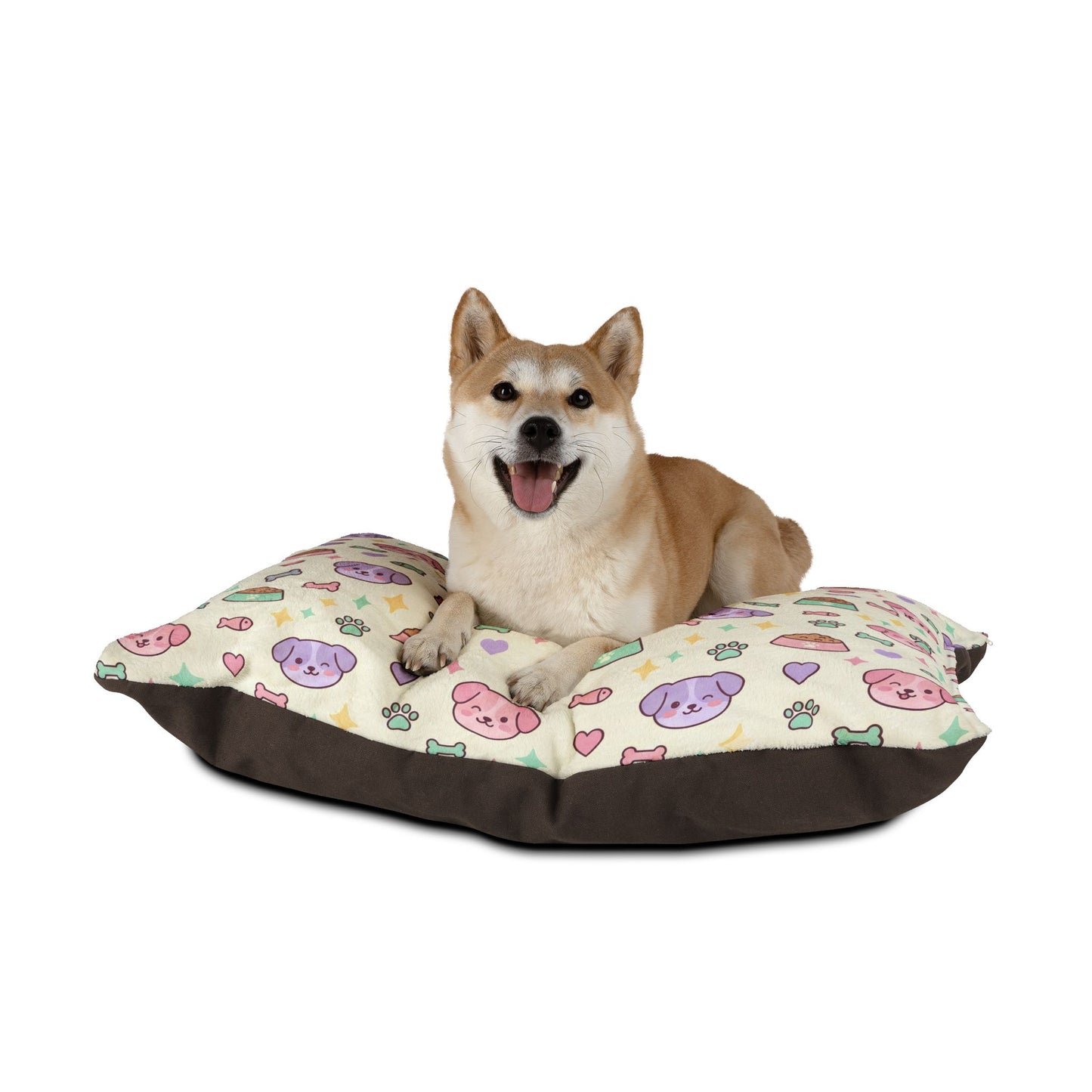 Cute Pastel Puppy Pattern Pet Bed — Soft Plush Dog Pillow with Food & Bone Design