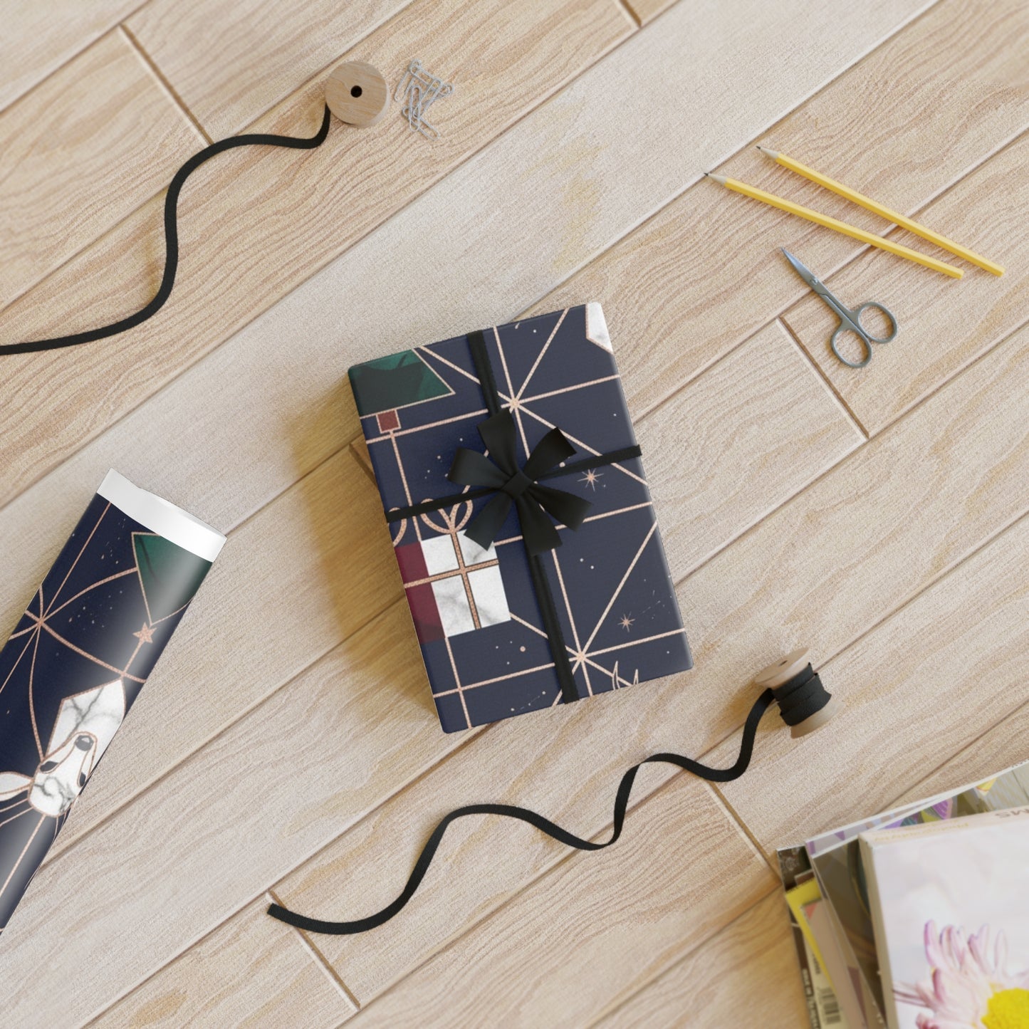 Holiday Gift Wrapping Paper Roll with Trees and Reindeer