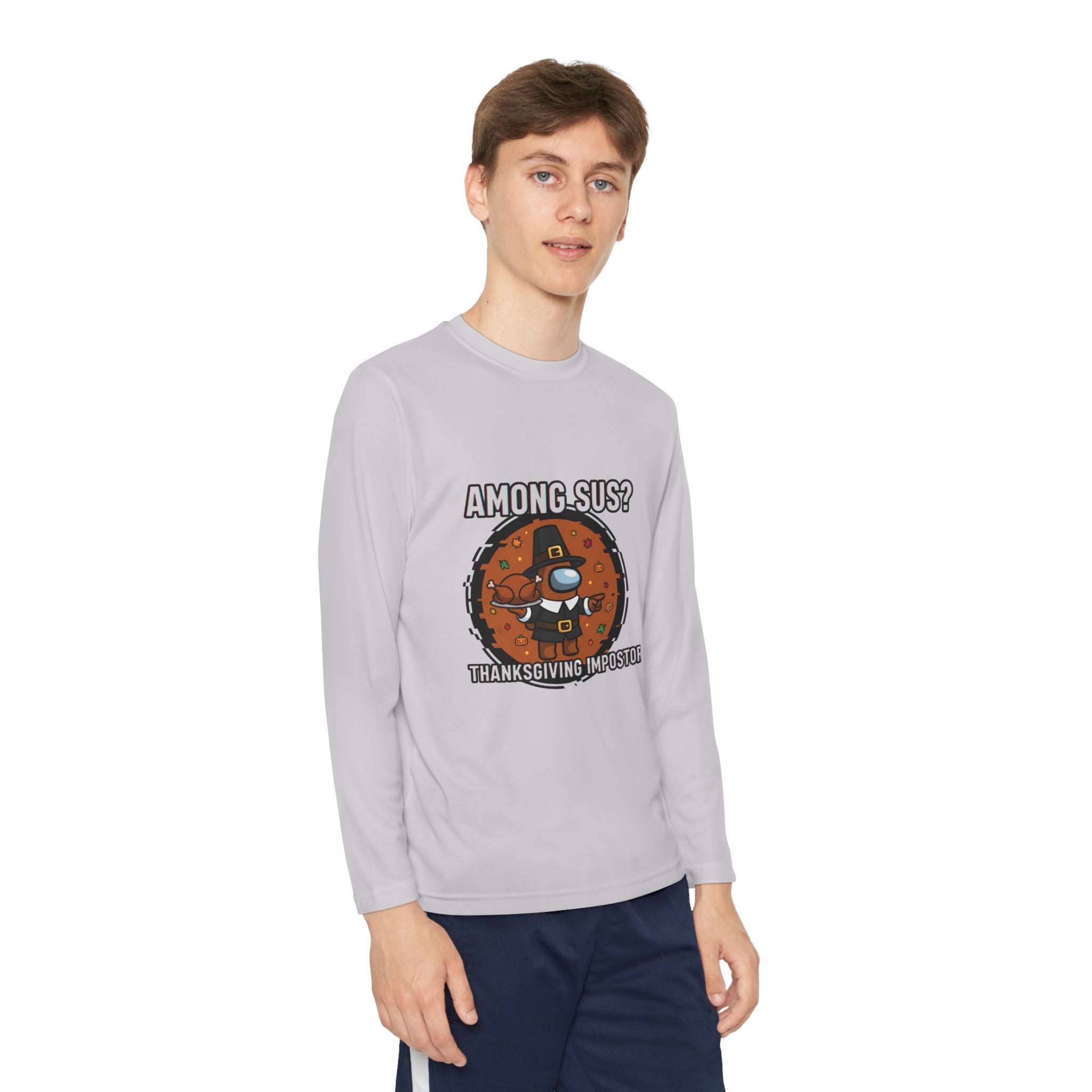Among Sus? Thanksgiving Impostor Youth Tee, Fun Youth T-Shirt, Gamer Apparel for Kids, Long Sleeve Graphic Tee, Funny Thanksgiving Gift