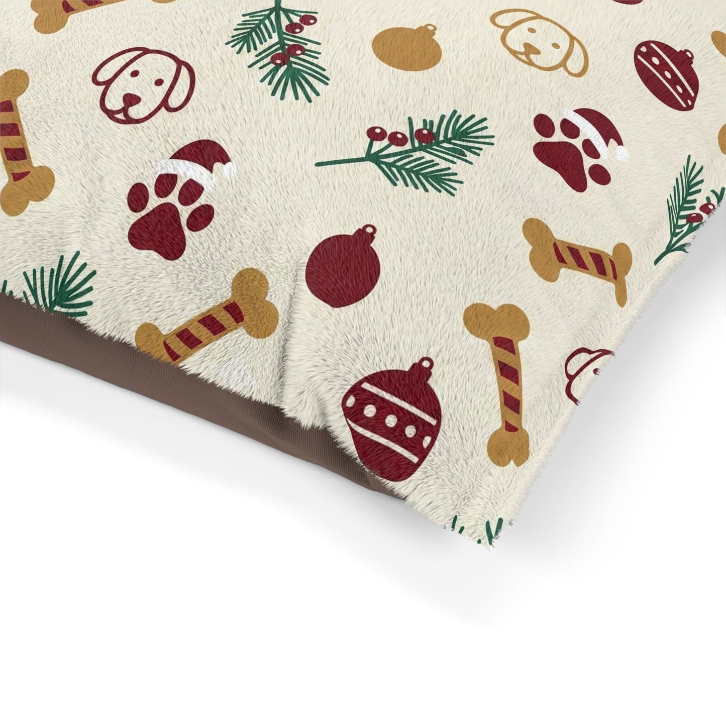 Holiday Paw Print Pet Bed — Christmas Dog Bone & Ornament Pattern