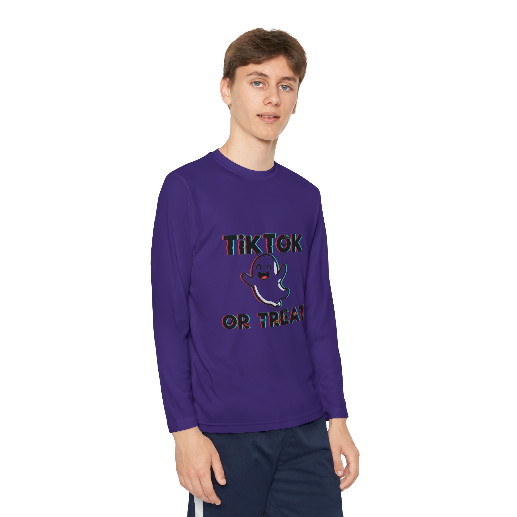 TikTok Halloween Long Sleeve Tee, Youth Costume Shirt, Spooky Apparel, Trick or Treat Top, Youth Ghost Halloween Shirt