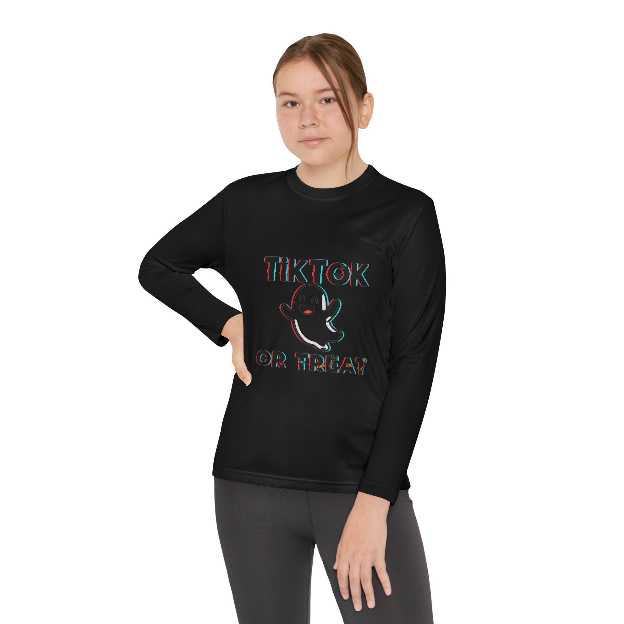 TikTok Halloween Long Sleeve Tee, Youth Costume Shirt, Spooky Apparel, Trick or Treat Top, Youth Ghost Halloween Shirt