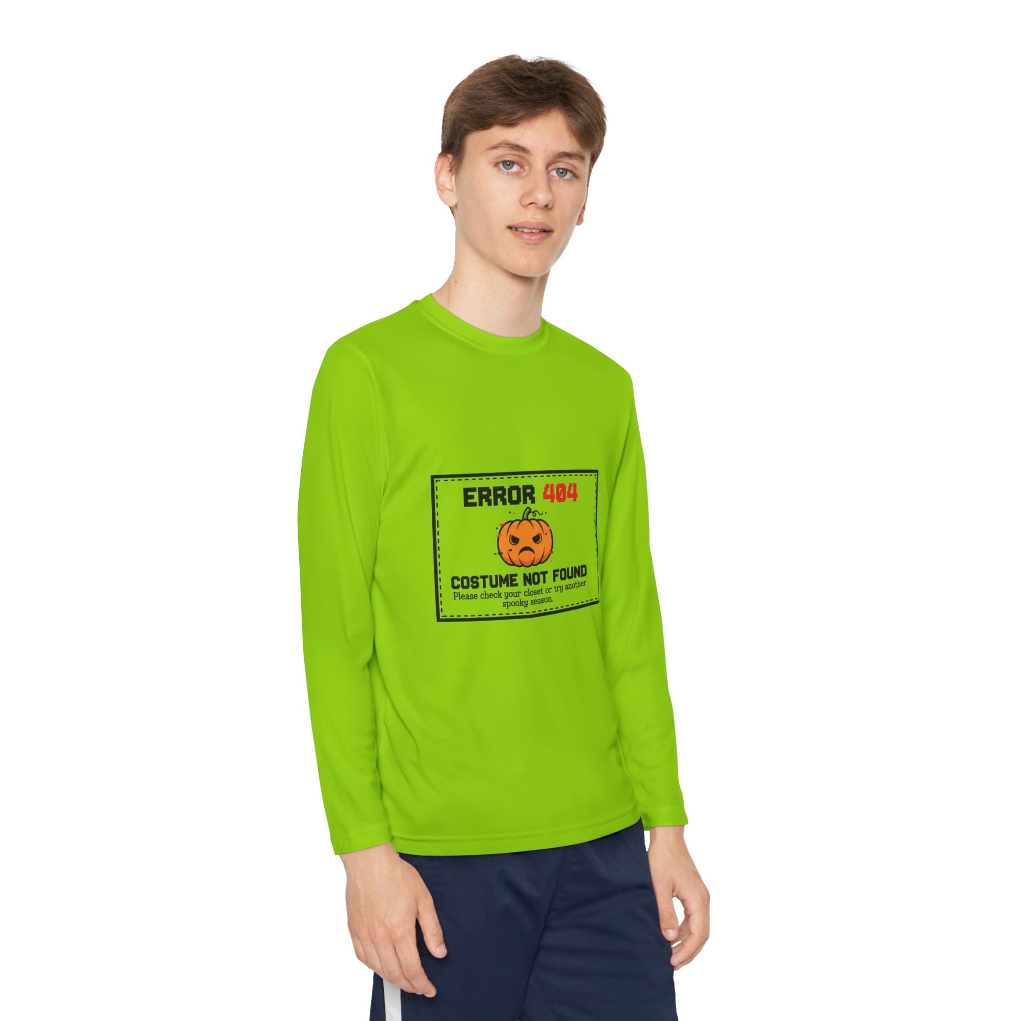 Youth Long Sleeve Halloween Tee, Kids Costume Shirt, Spooky Error 404 Top, Funny Trick-or-Treat Apparel, Halloween Party Outfit