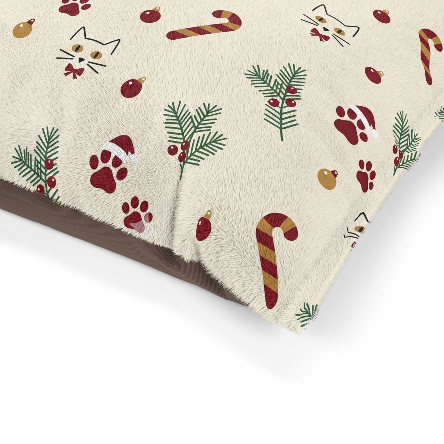 Holiday cat face cat Paw-Print Pet Bed — Festive Candy Cane & Pine Pattern for Cats & Dogs