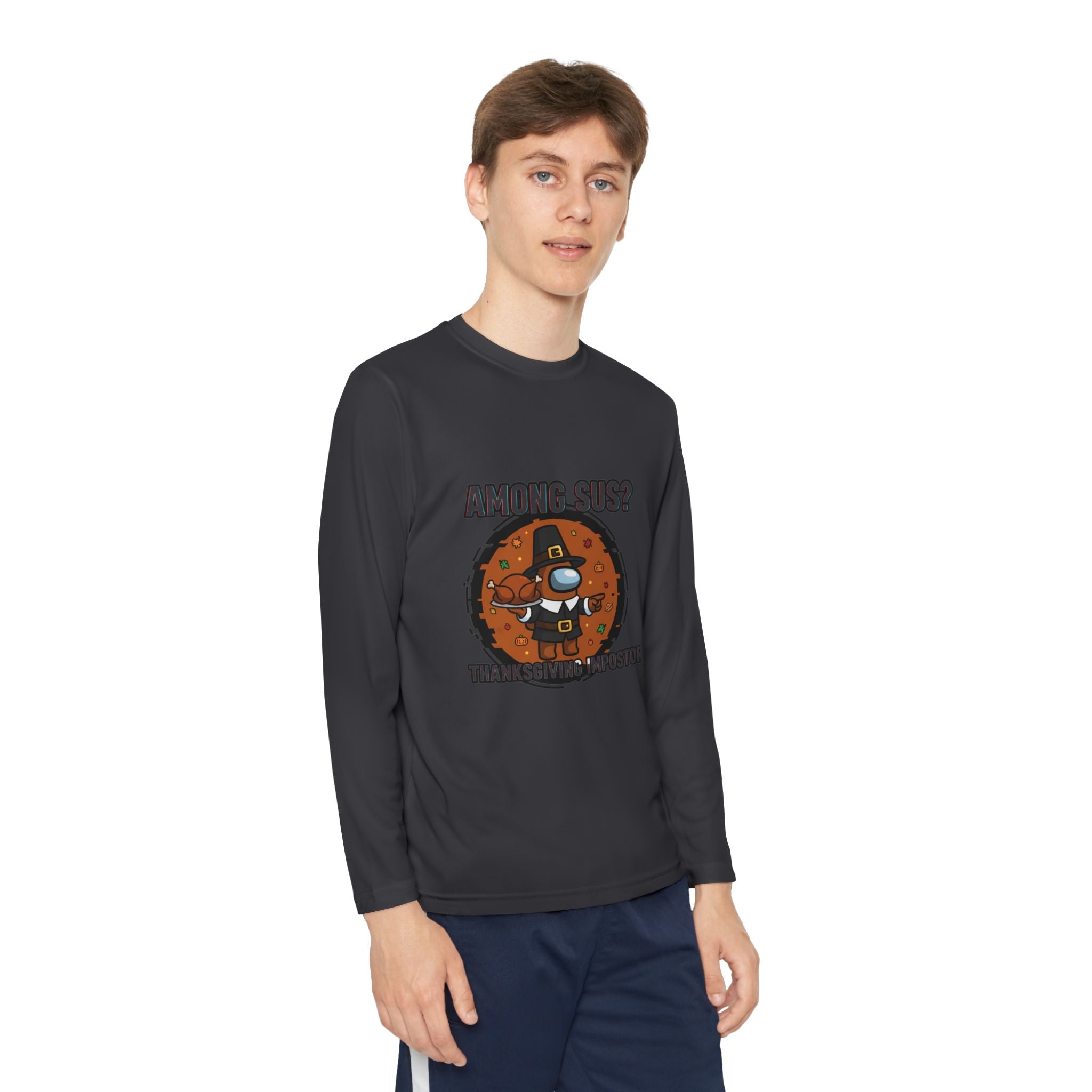 Among Sus? Thanksgiving Impostor Youth Tee, Fun Youth T-Shirt, Gamer Apparel for Kids, Long Sleeve Graphic Tee, Funny Thanksgiving Gift