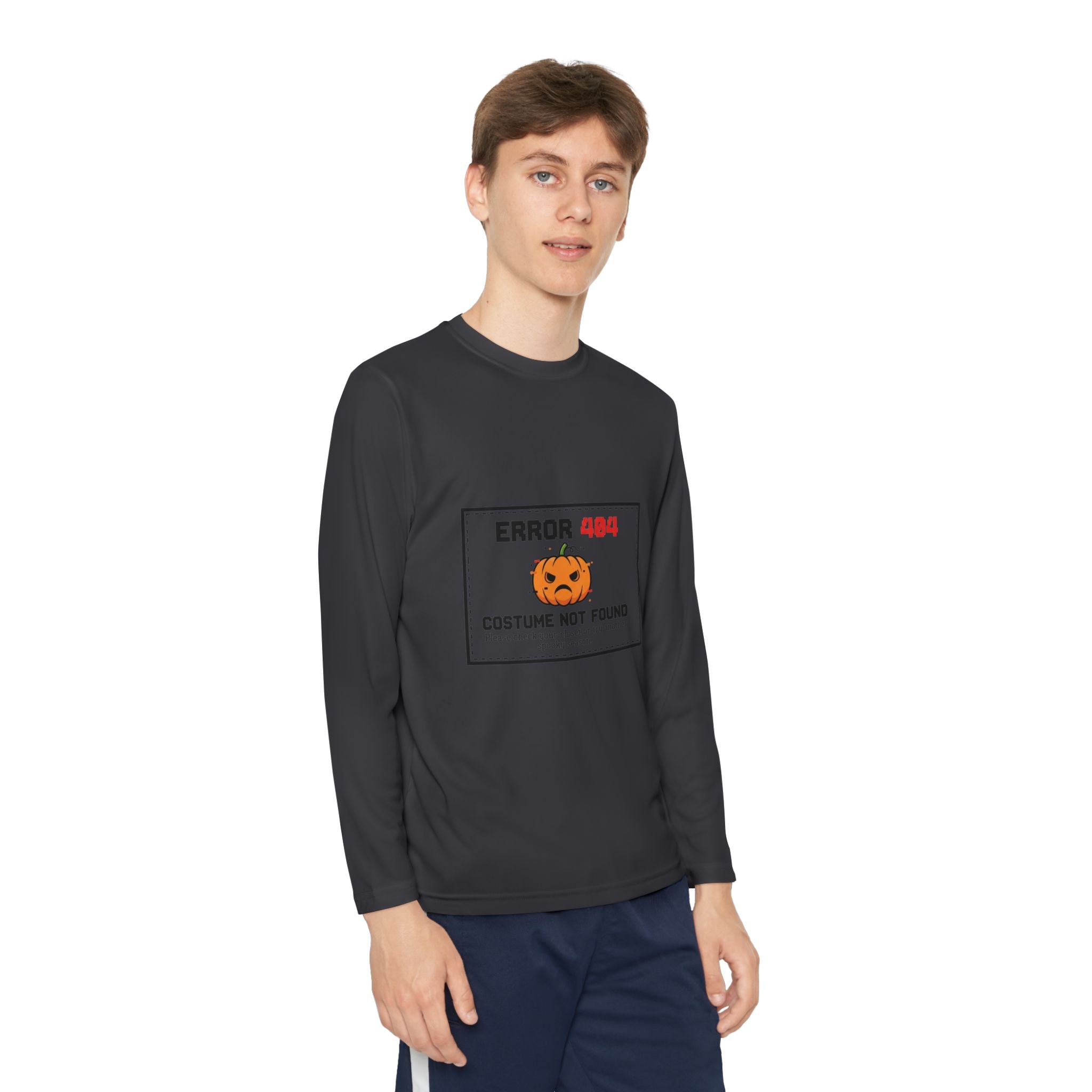 Youth Long Sleeve Halloween Tee, Kids Costume Shirt, Spooky Error 404 Top, Funny Trick-or-Treat Apparel, Halloween Party Outfit
