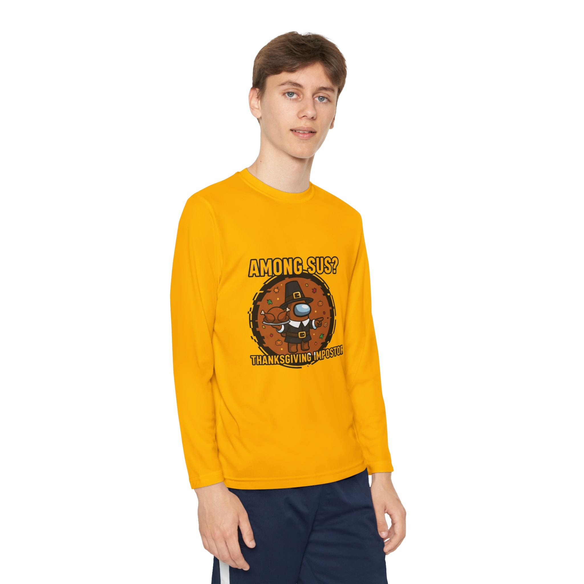 Among Sus? Thanksgiving Impostor Youth Tee, Fun Youth T-Shirt, Gamer Apparel for Kids, Long Sleeve Graphic Tee, Funny Thanksgiving Gift