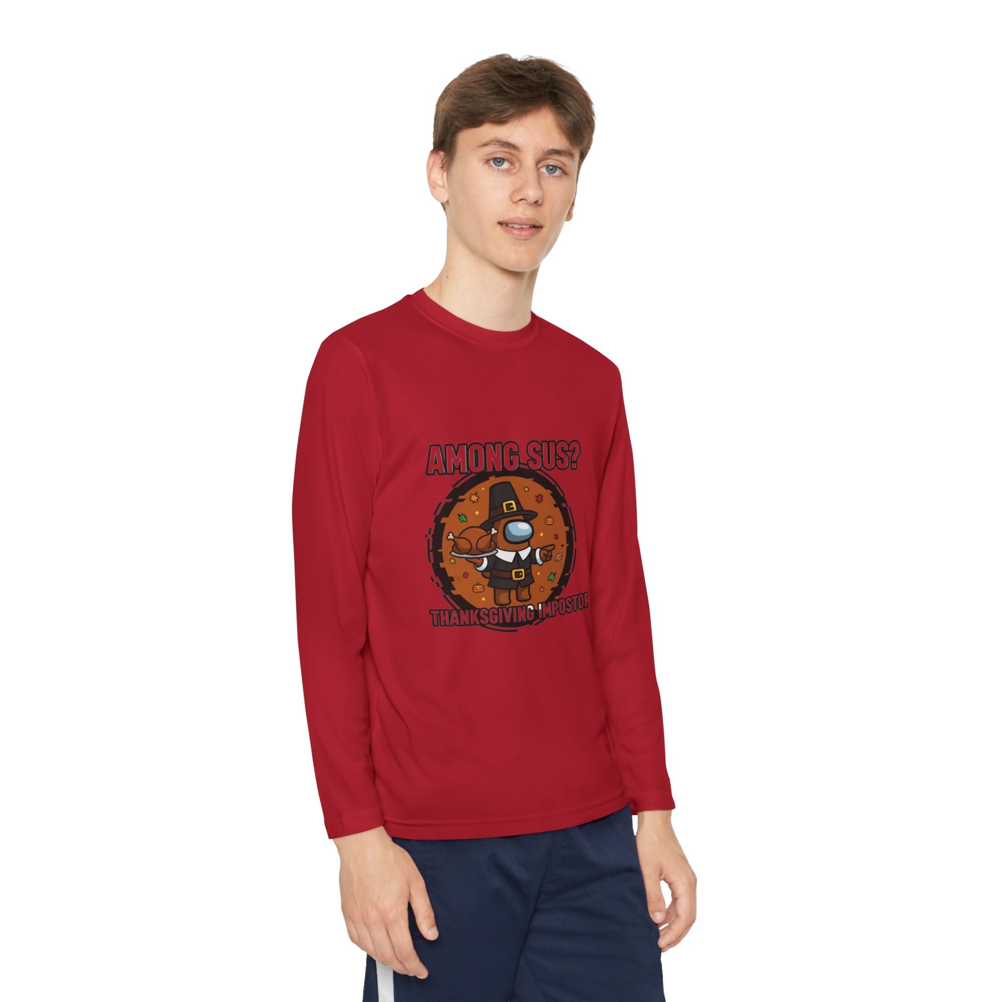 Among Sus? Thanksgiving Impostor Youth Tee, Fun Youth T-Shirt, Gamer Apparel for Kids, Long Sleeve Graphic Tee, Funny Thanksgiving Gift