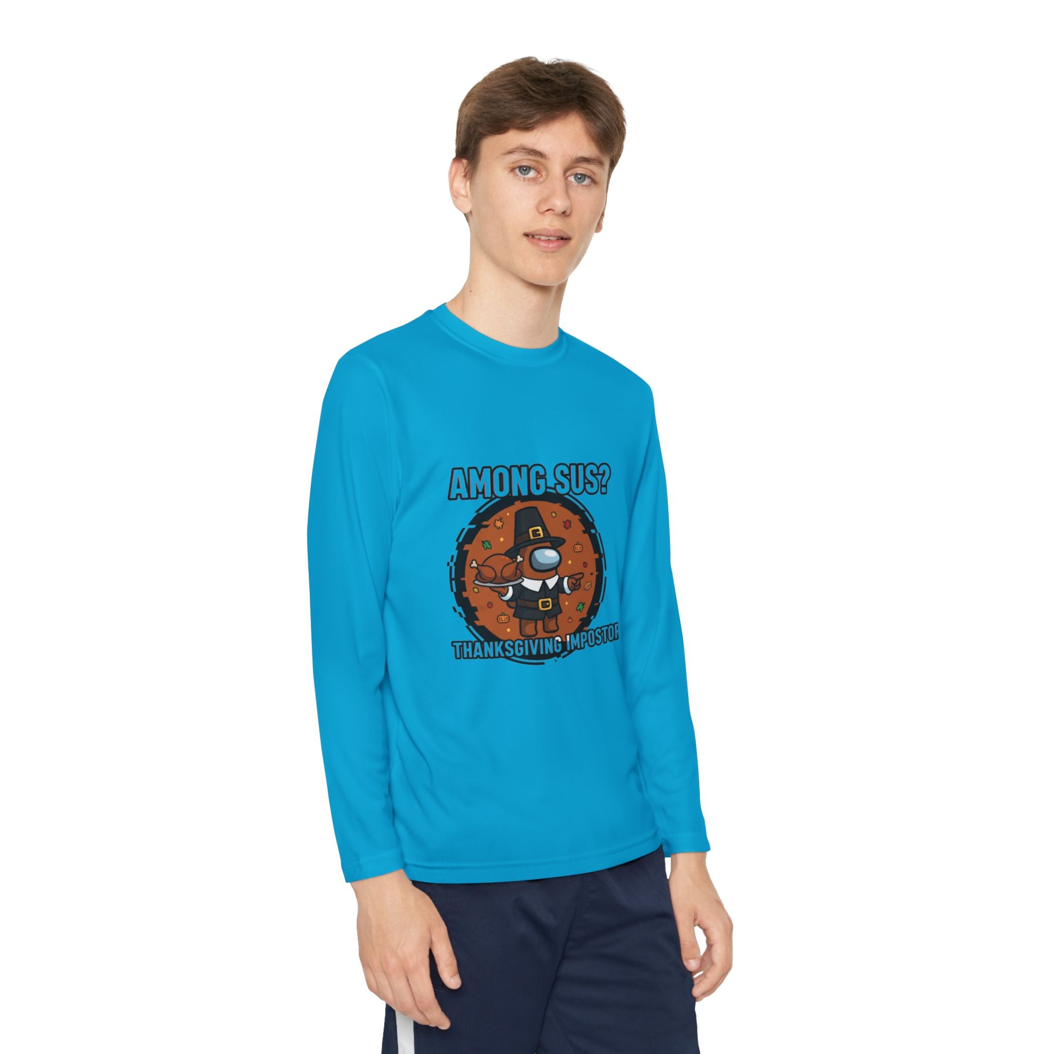 Among Sus? Thanksgiving Impostor Youth Tee, Fun Youth T-Shirt, Gamer Apparel for Kids, Long Sleeve Graphic Tee, Funny Thanksgiving Gift