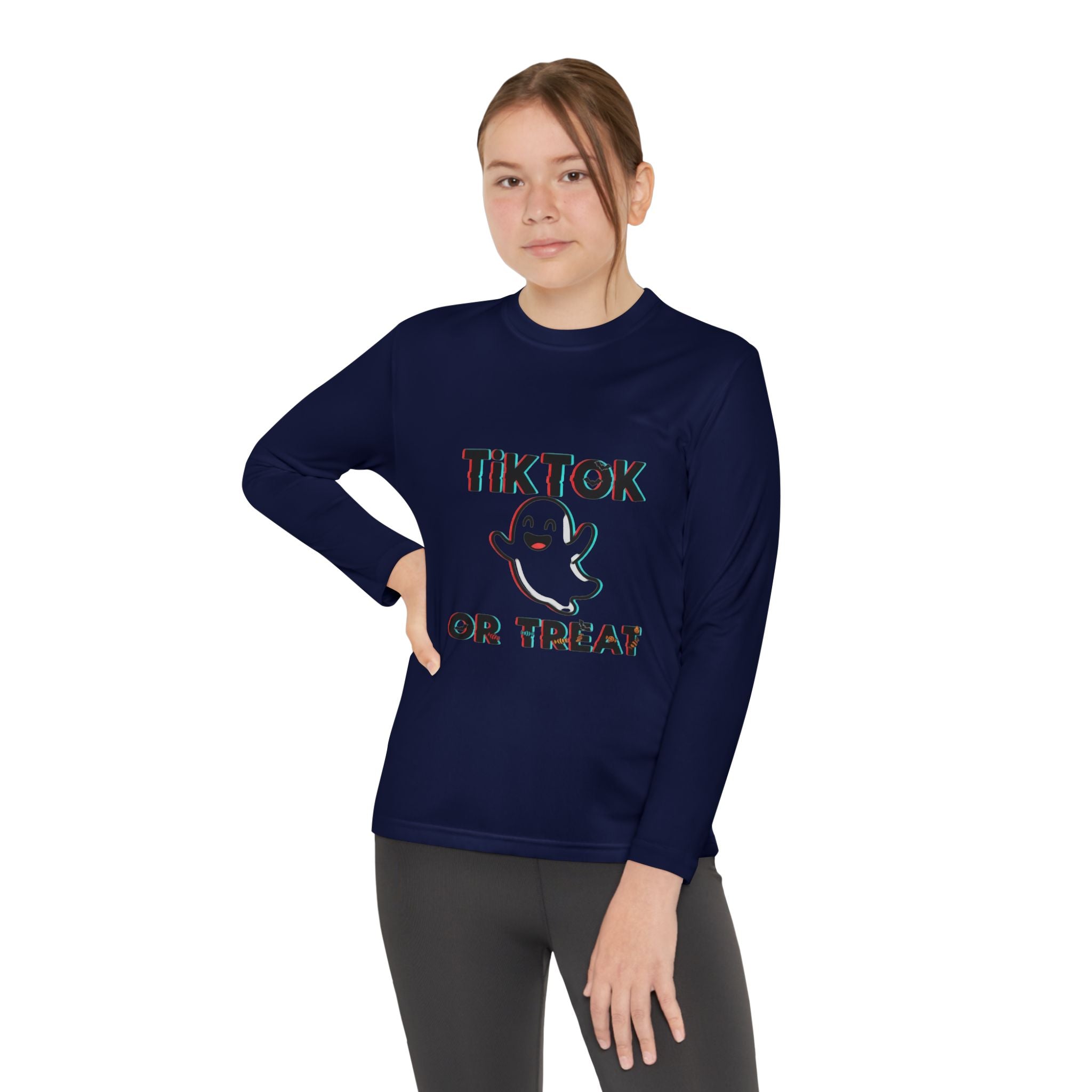 TikTok Halloween Long Sleeve Tee, Youth Costume Shirt, Spooky Apparel, Trick or Treat Top, Youth Ghost Halloween Shirt