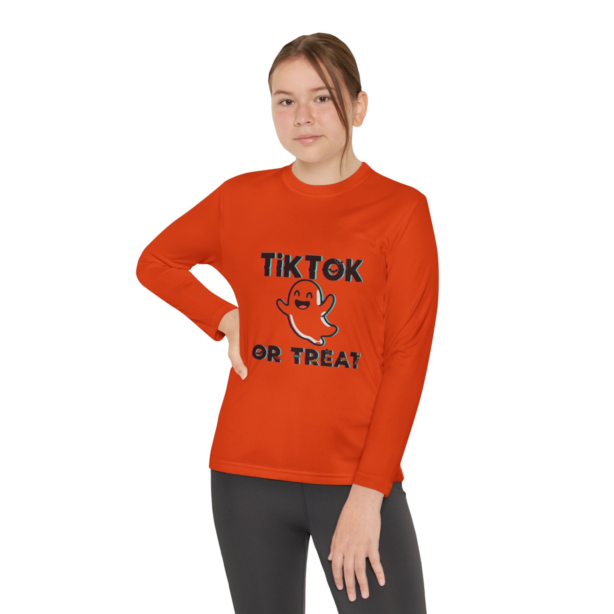 TikTok Halloween Long Sleeve Tee, Youth Costume Shirt, Spooky Apparel, Trick or Treat Top, Youth Ghost Halloween Shirt