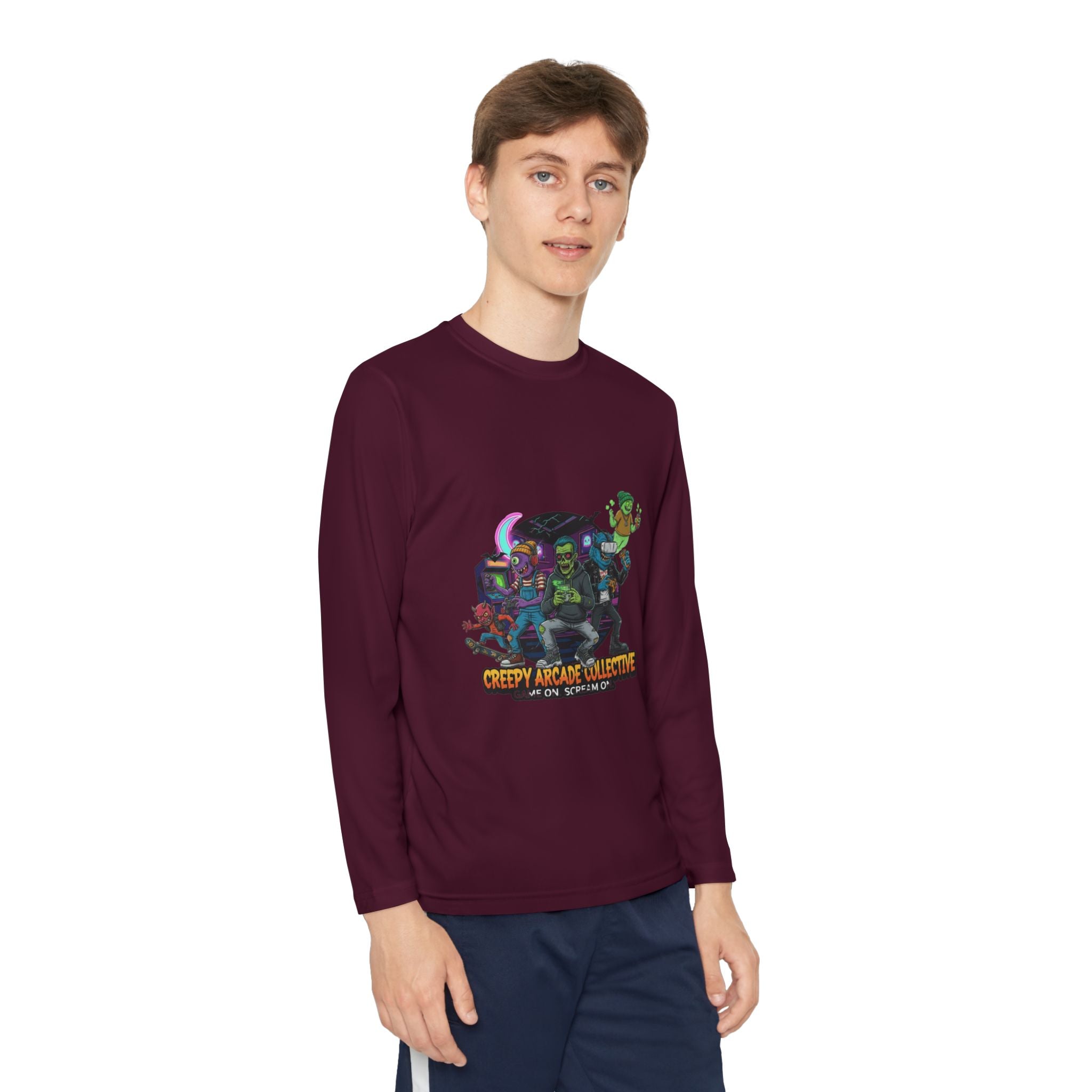 Creepy Arcade Collecting Youth Long Sleeve Tee, Kids Gamer Shirt, Halloween Costume, Teen Casual Wear, Fantasy T-Shirt