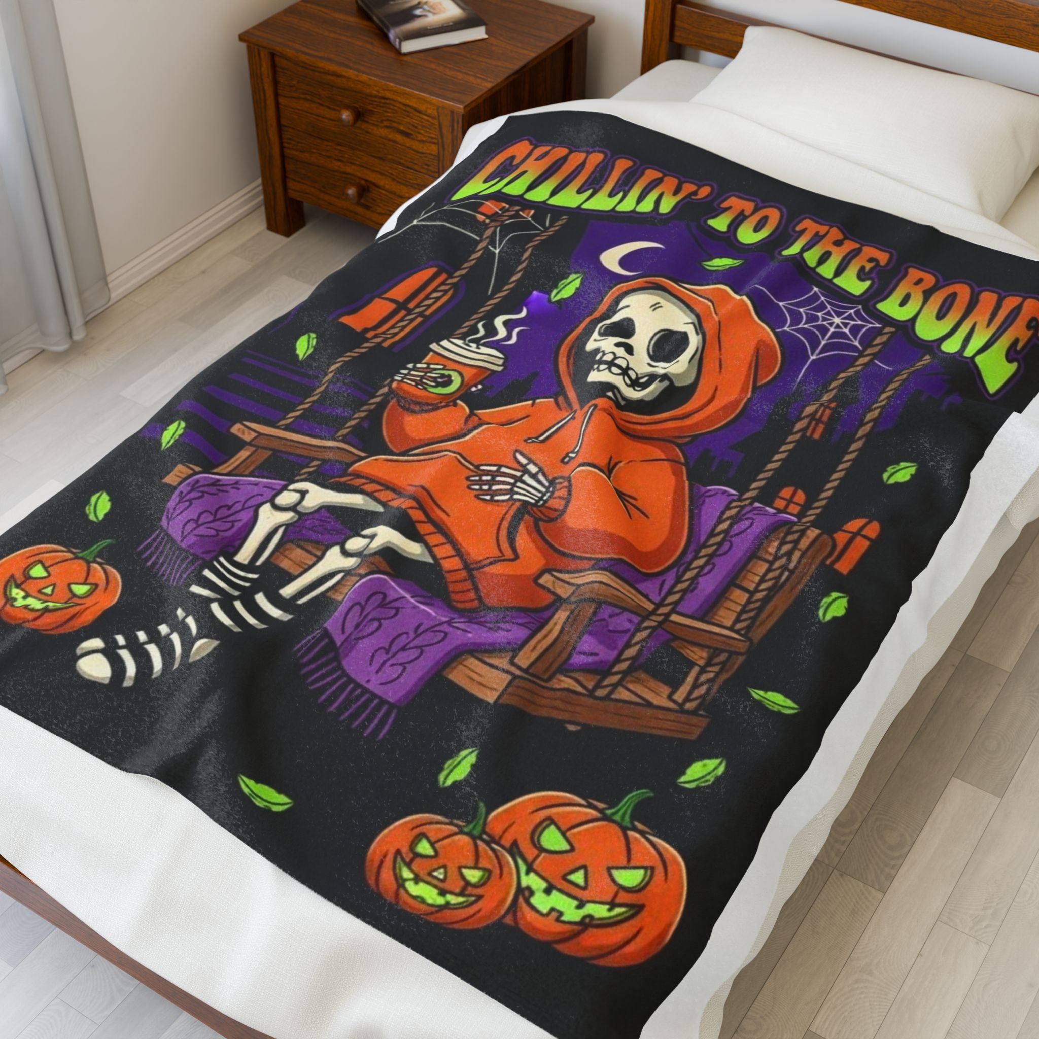 Chillin' to the Bone Skeleton Blanket, Cozy Halloween Throw, Spooky Decor, Plush Bed Blanket, Fall Home Accents