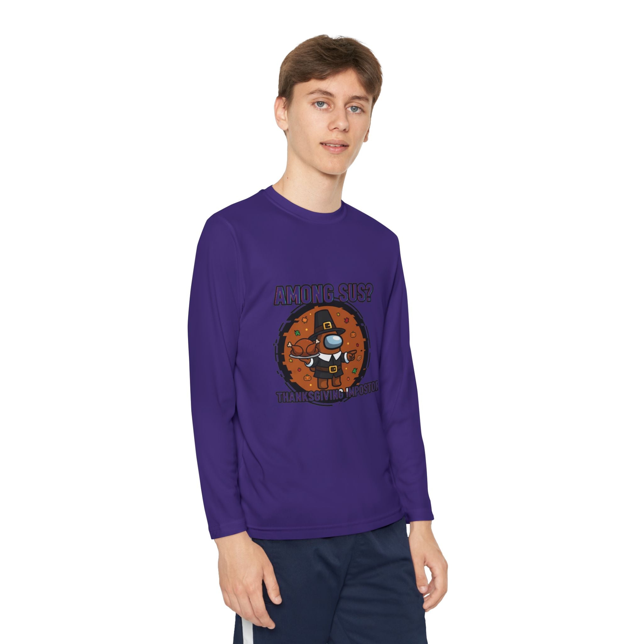 Among Sus? Thanksgiving Impostor Youth Tee, Fun Youth T-Shirt, Gamer Apparel for Kids, Long Sleeve Graphic Tee, Funny Thanksgiving Gift