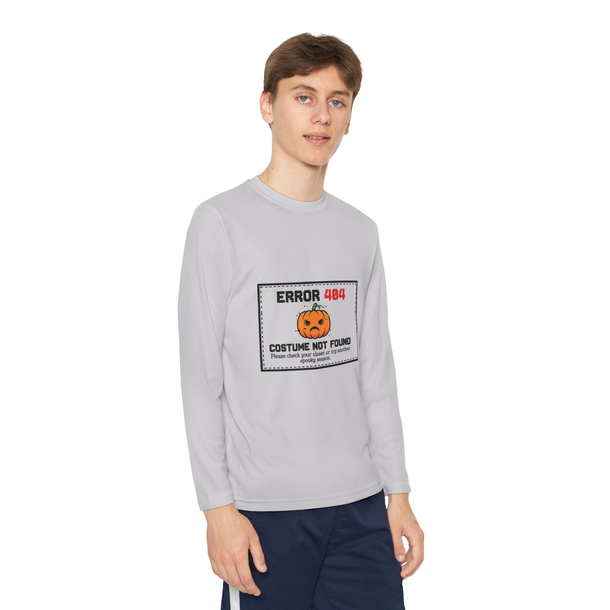 Youth Long Sleeve Halloween Tee, Kids Costume Shirt, Spooky Error 404 Top, Funny Trick-or-Treat Apparel, Halloween Party Outfit