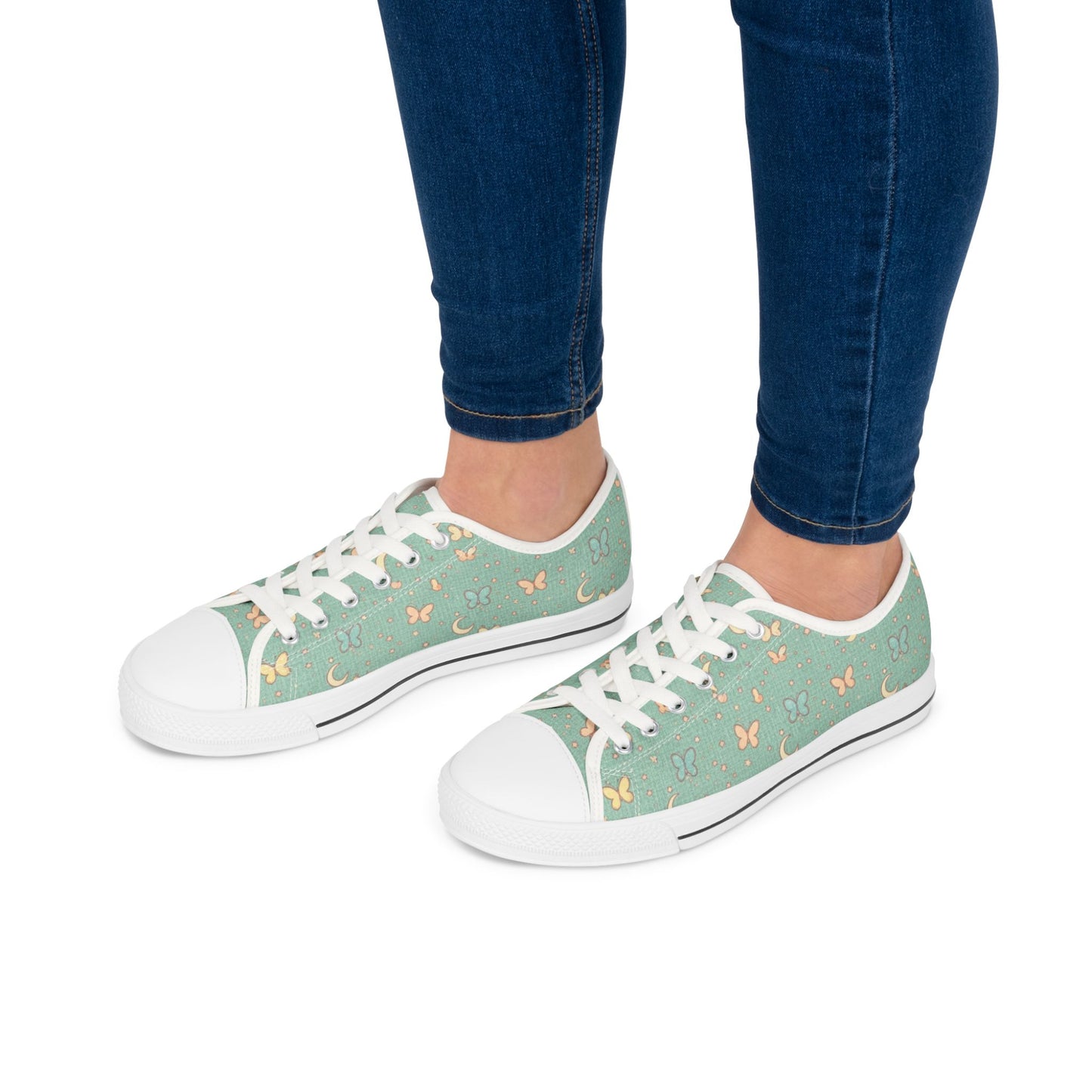 Mint Butterfly Crescent Low Top Sneakers — Women's Casual Floral Pattern Shoes