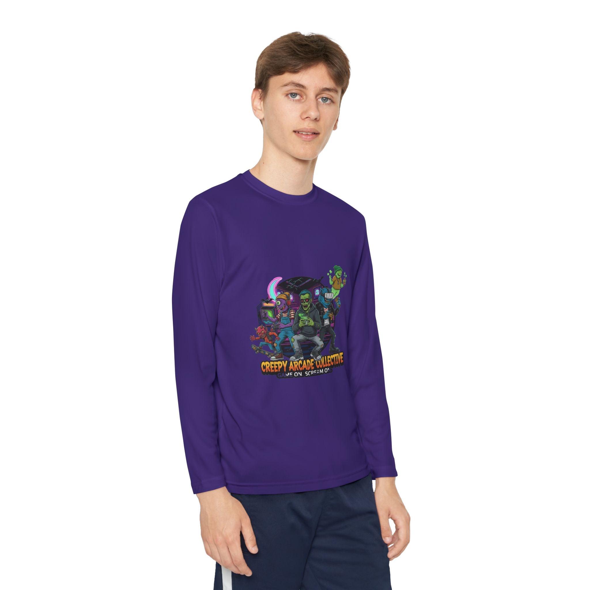 Creepy Arcade Collecting Youth Long Sleeve Tee, Kids Gamer Shirt, Halloween Costume, Teen Casual Wear, Fantasy T-Shirt