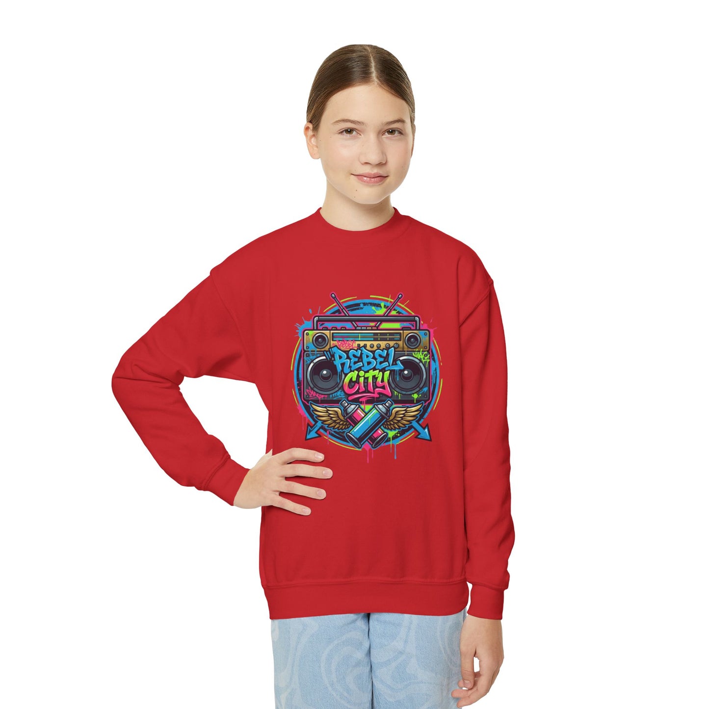 Youth Crewneck Sweatshirt — Vibrant Retro Boombox “Rebel With” spray paint Graphic