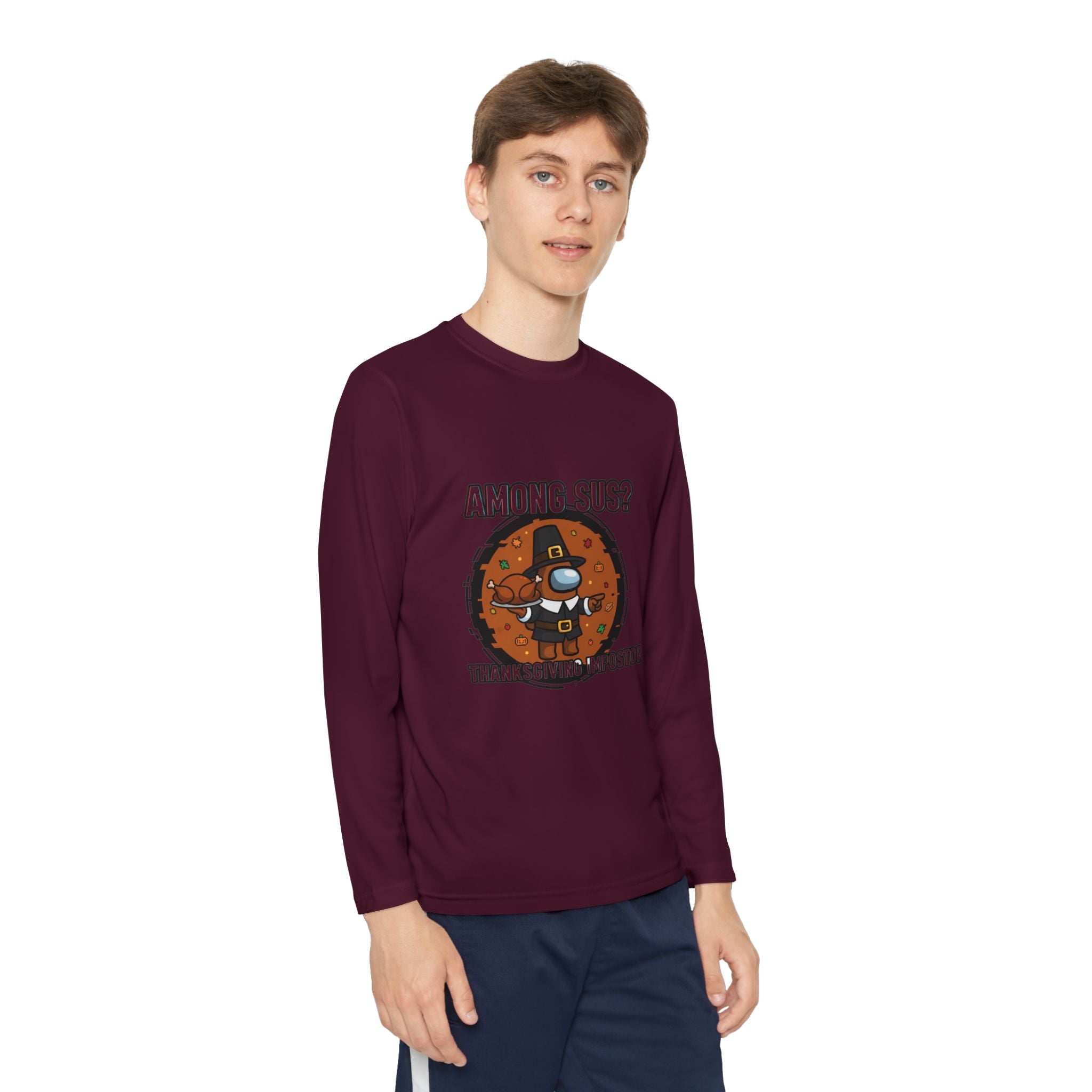 Among Sus? Thanksgiving Impostor Youth Tee, Fun Youth T-Shirt, Gamer Apparel for Kids, Long Sleeve Graphic Tee, Funny Thanksgiving Gift