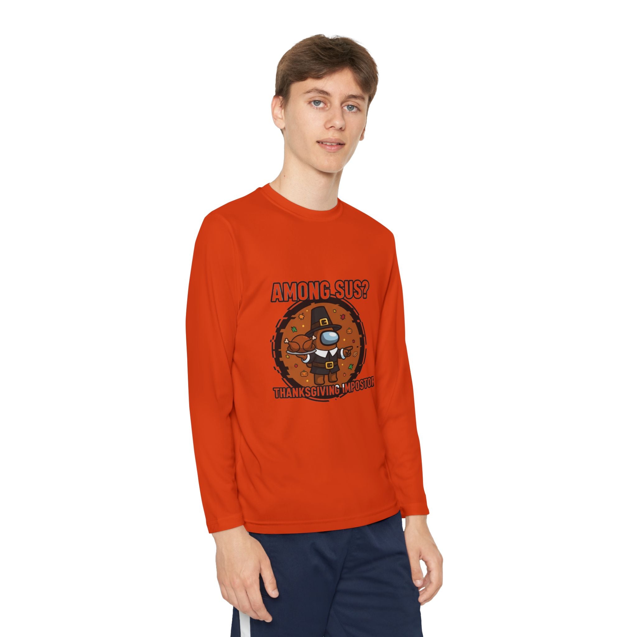 Among Sus? Thanksgiving Impostor Youth Tee, Fun Youth T-Shirt, Gamer Apparel for Kids, Long Sleeve Graphic Tee, Funny Thanksgiving Gift