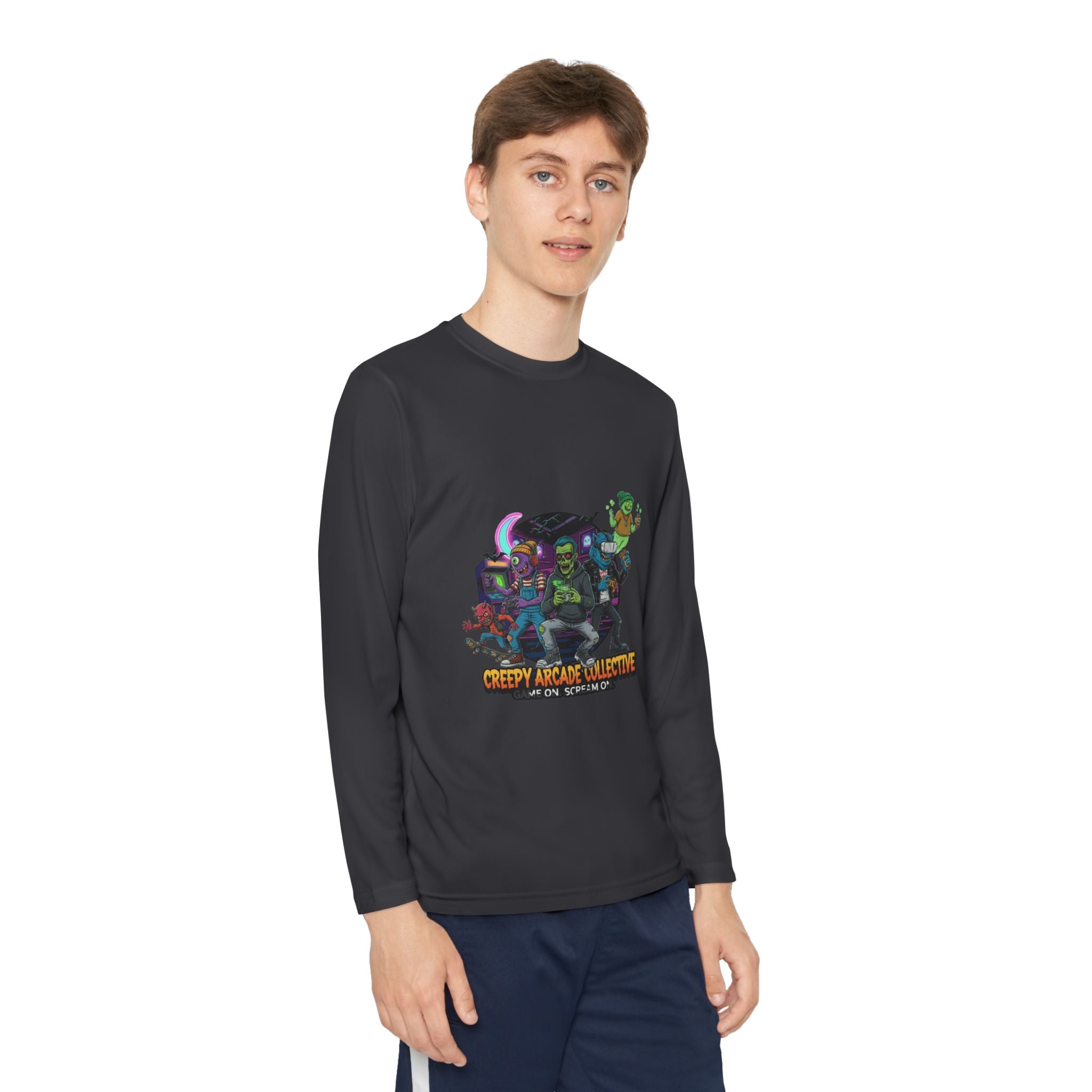 Creepy Arcade Collecting Youth Long Sleeve Tee, Kids Gamer Shirt, Halloween Costume, Teen Casual Wear, Fantasy T-Shirt