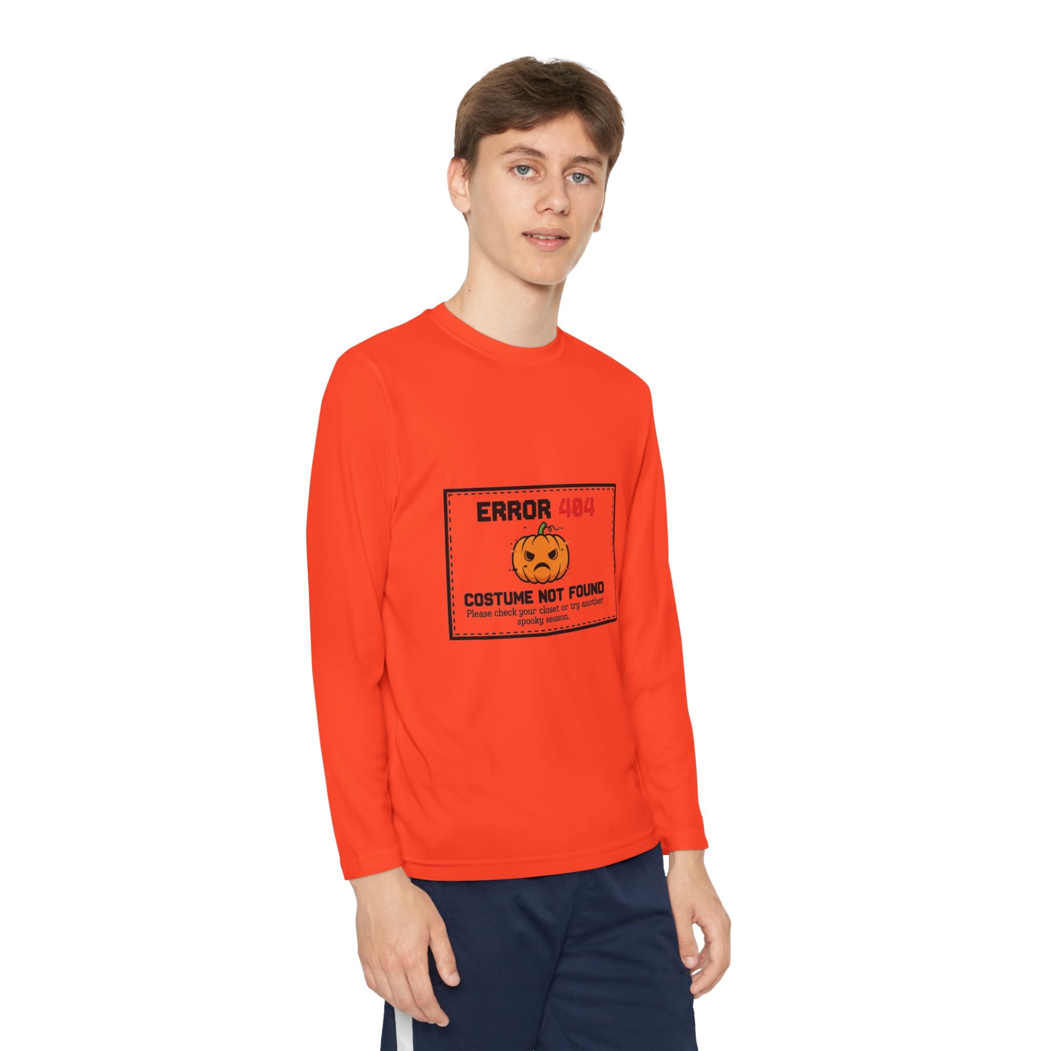 Youth Long Sleeve Halloween Tee, Kids Costume Shirt, Spooky Error 404 Top, Funny Trick-or-Treat Apparel, Halloween Party Outfit