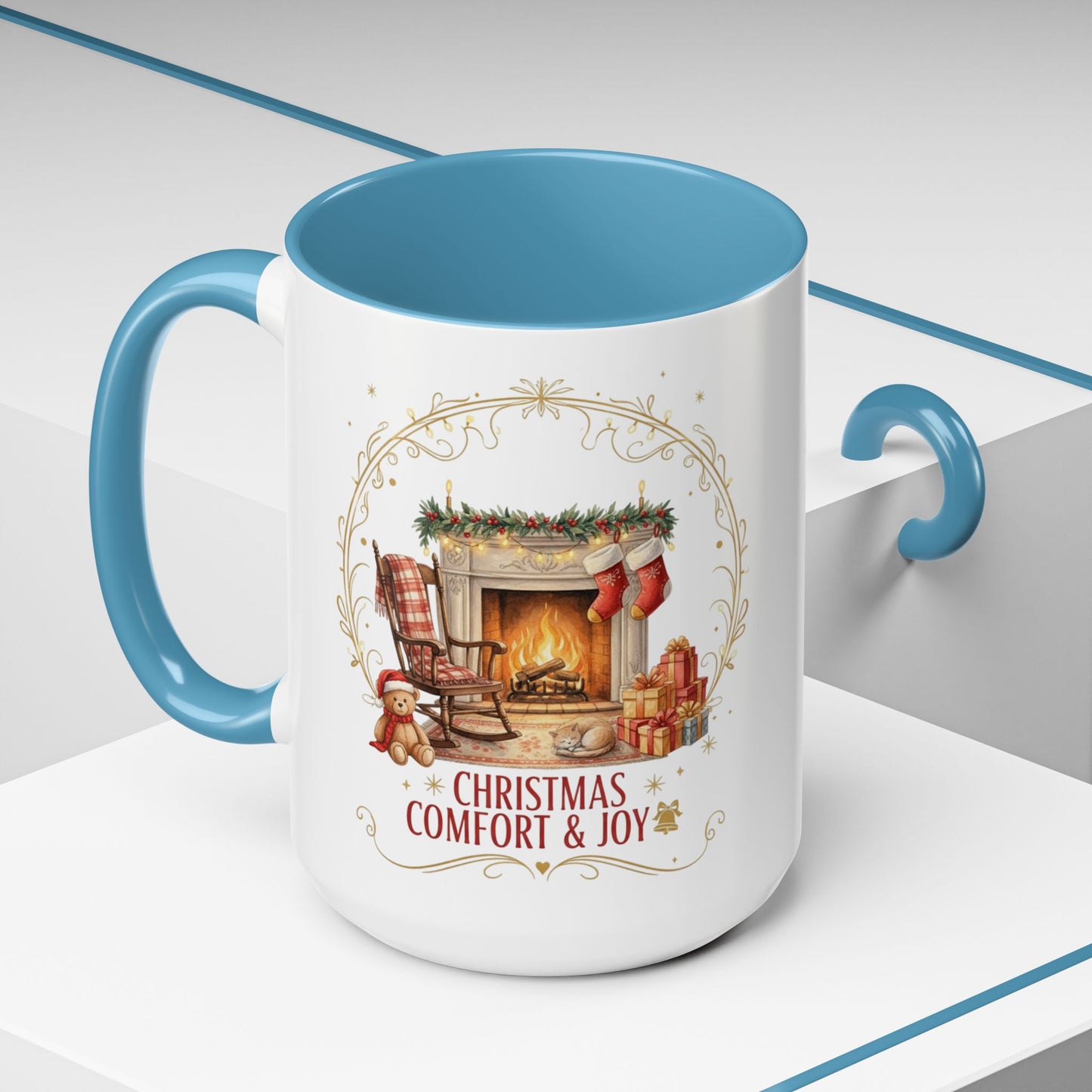 Christmas Comfort & Joy Accent Coffee Mug — Holiday Fireplace Tea Cup (11/15oz)