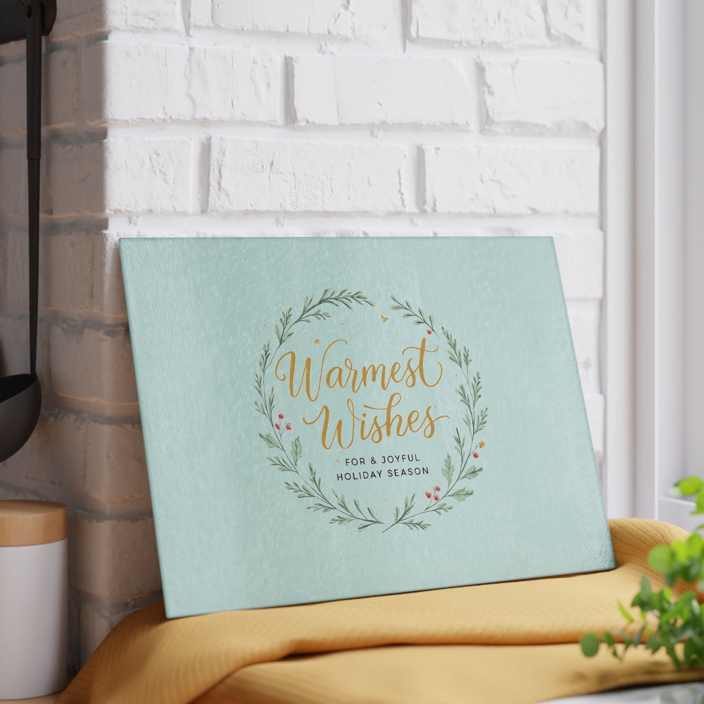 Glass Cutting Board — "Warmest Wishes" Holiday Wreath Decorative Cutting Board