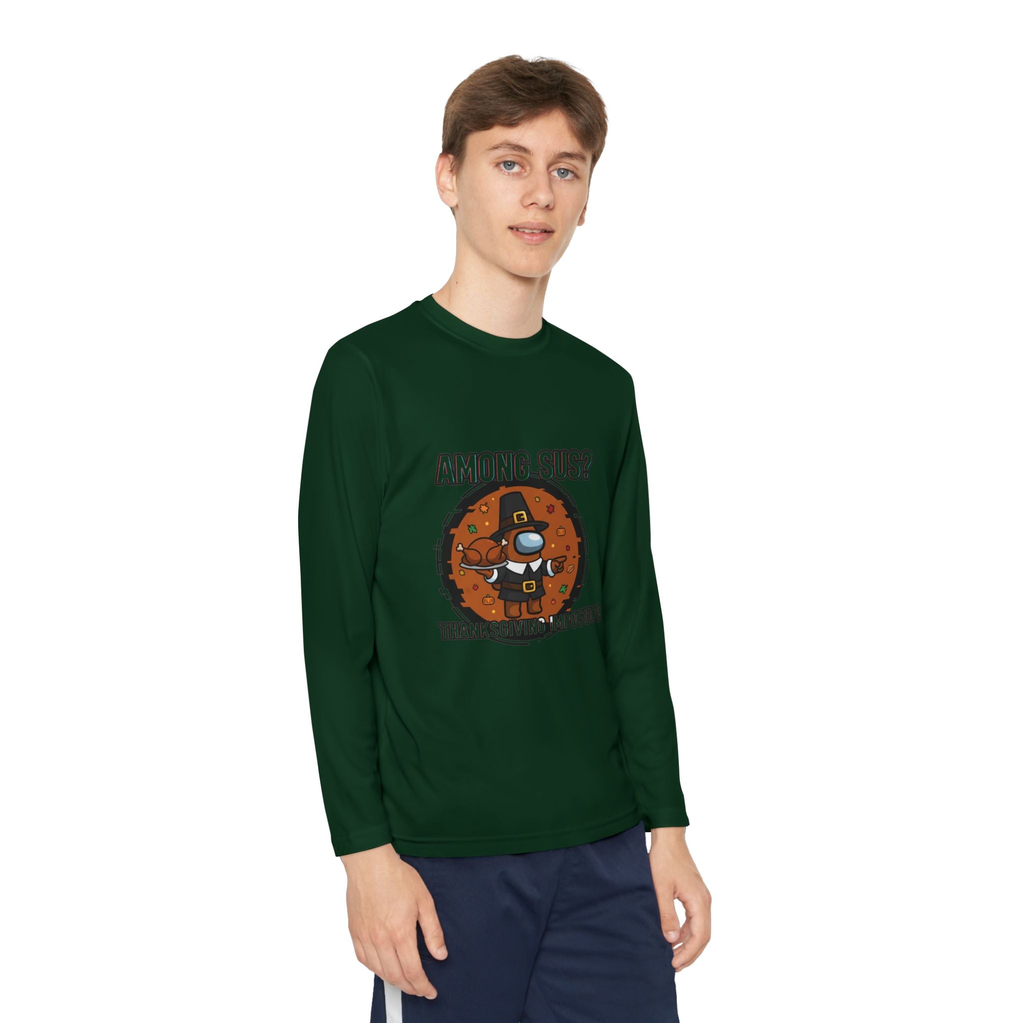 Among Sus? Thanksgiving Impostor Youth Tee, Fun Youth T-Shirt, Gamer Apparel for Kids, Long Sleeve Graphic Tee, Funny Thanksgiving Gift