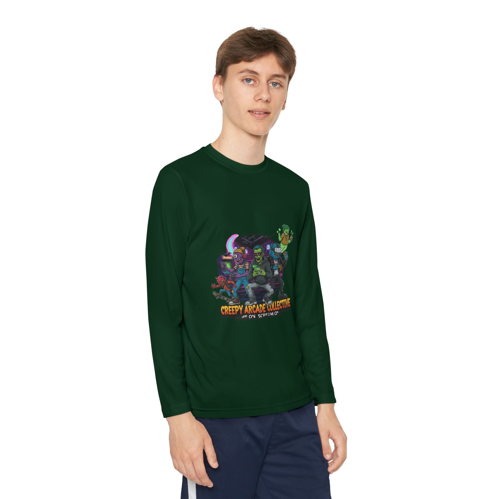 Creepy Arcade Collecting Youth Long Sleeve Tee, Kids Gamer Shirt, Halloween Costume, Teen Casual Wear, Fantasy T-Shirt