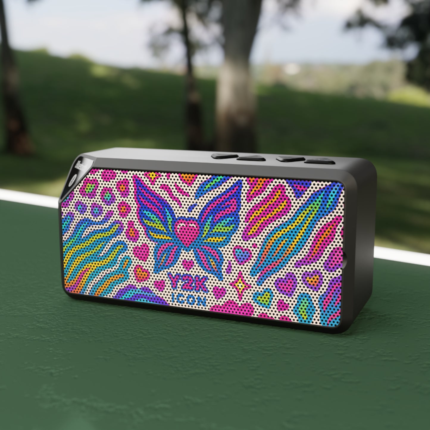90s Rainbow sticker animal-print pattern (leopard + zebra + tiger), neon colors - Butterfly Heart Bluetooth Speaker — Colorful Rainbow Portable Speaker