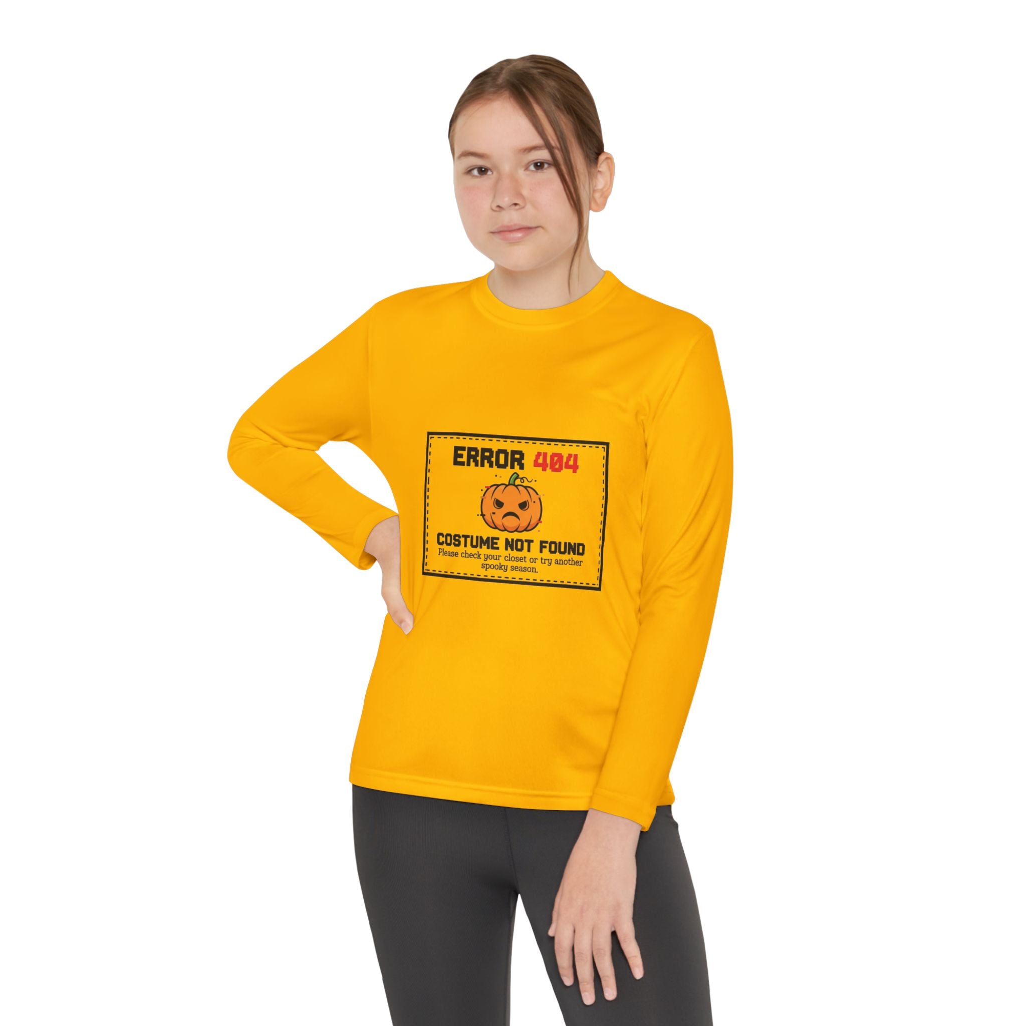 Youth Long Sleeve Halloween Tee, Kids Costume Shirt, Spooky Error 404 Top, Funny Trick-or-Treat Apparel, Halloween Party Outfit