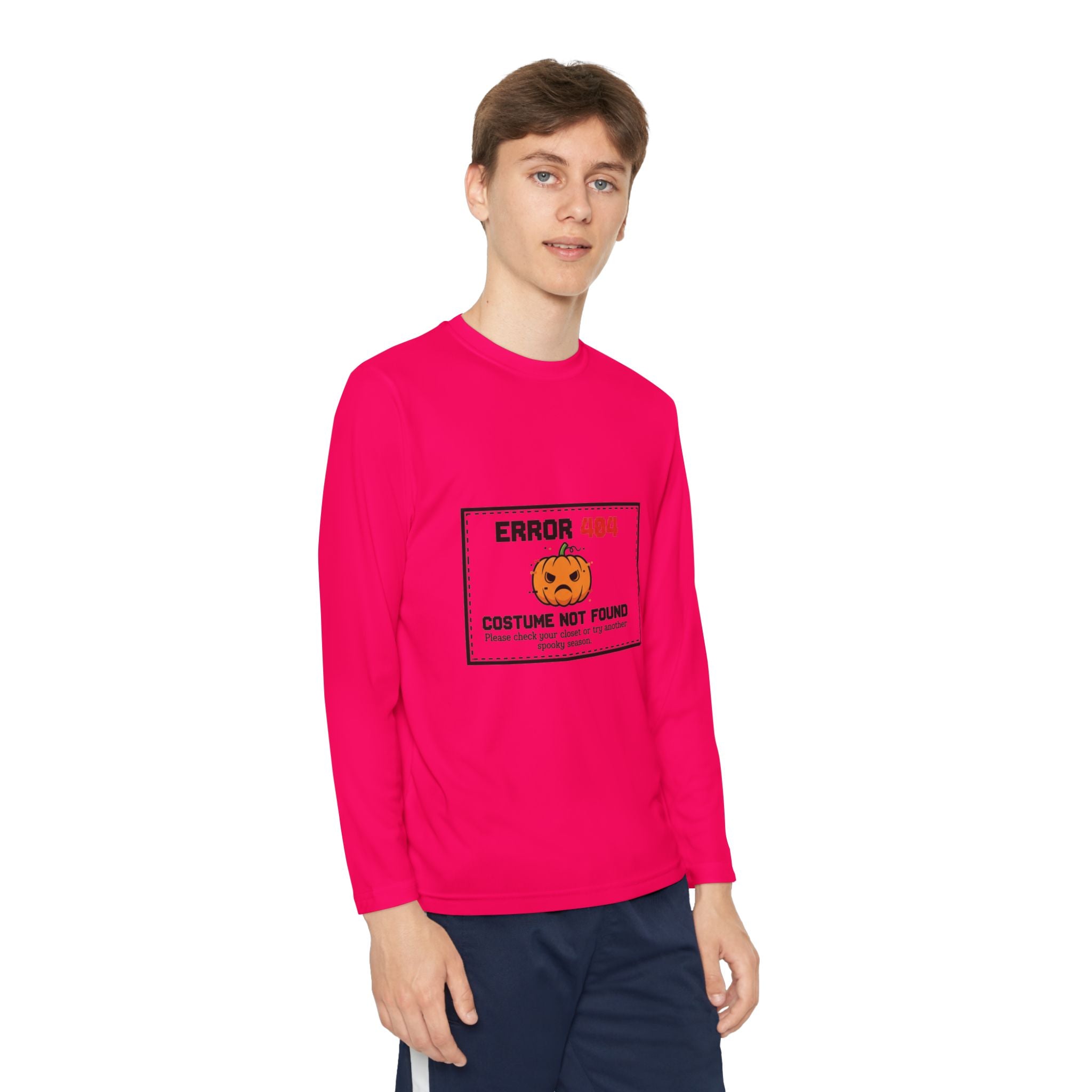 Youth Long Sleeve Halloween Tee, Kids Costume Shirt, Spooky Error 404 Top, Funny Trick-or-Treat Apparel, Halloween Party Outfit