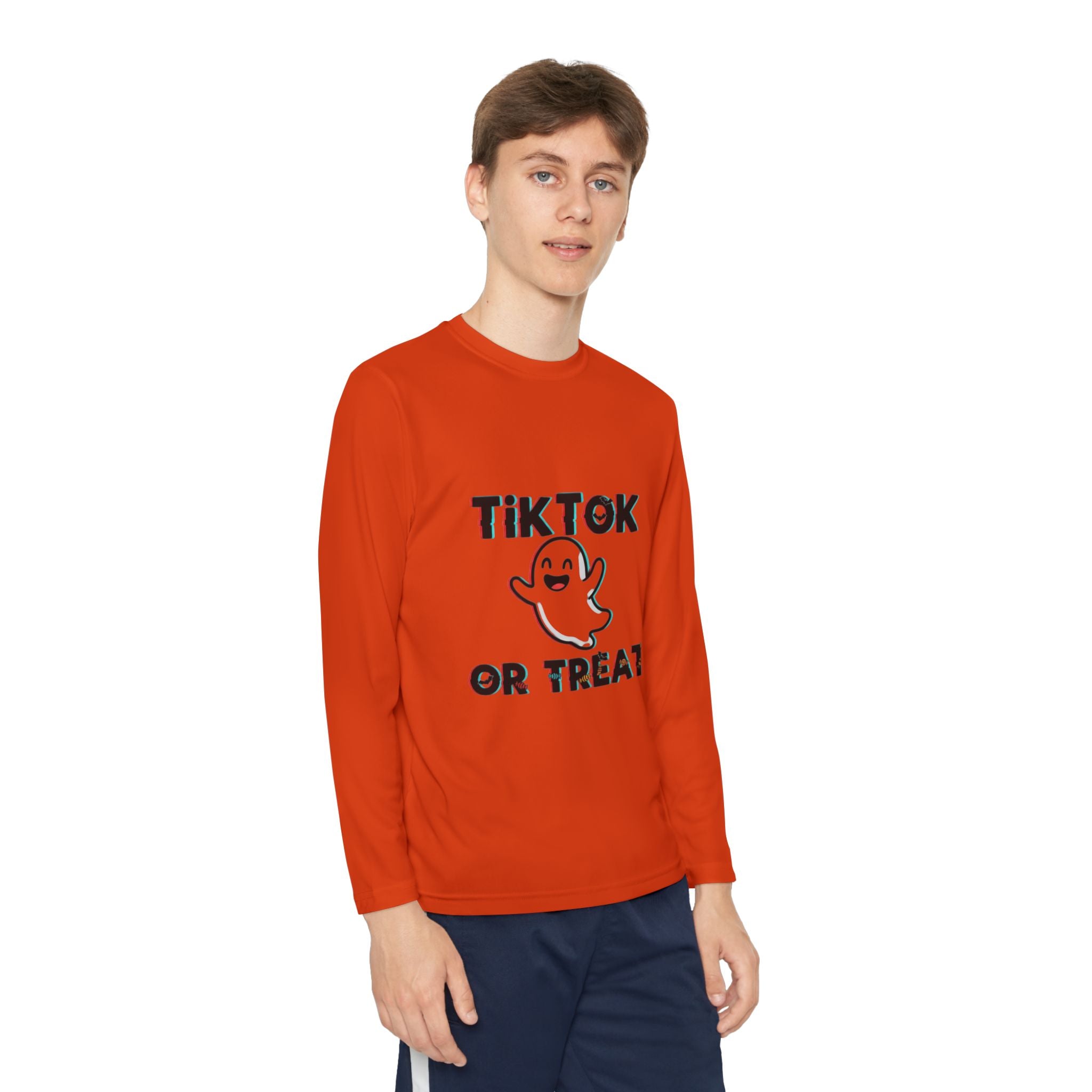 TikTok Halloween Long Sleeve Tee, Youth Costume Shirt, Spooky Apparel, Trick or Treat Top, Youth Ghost Halloween Shirt