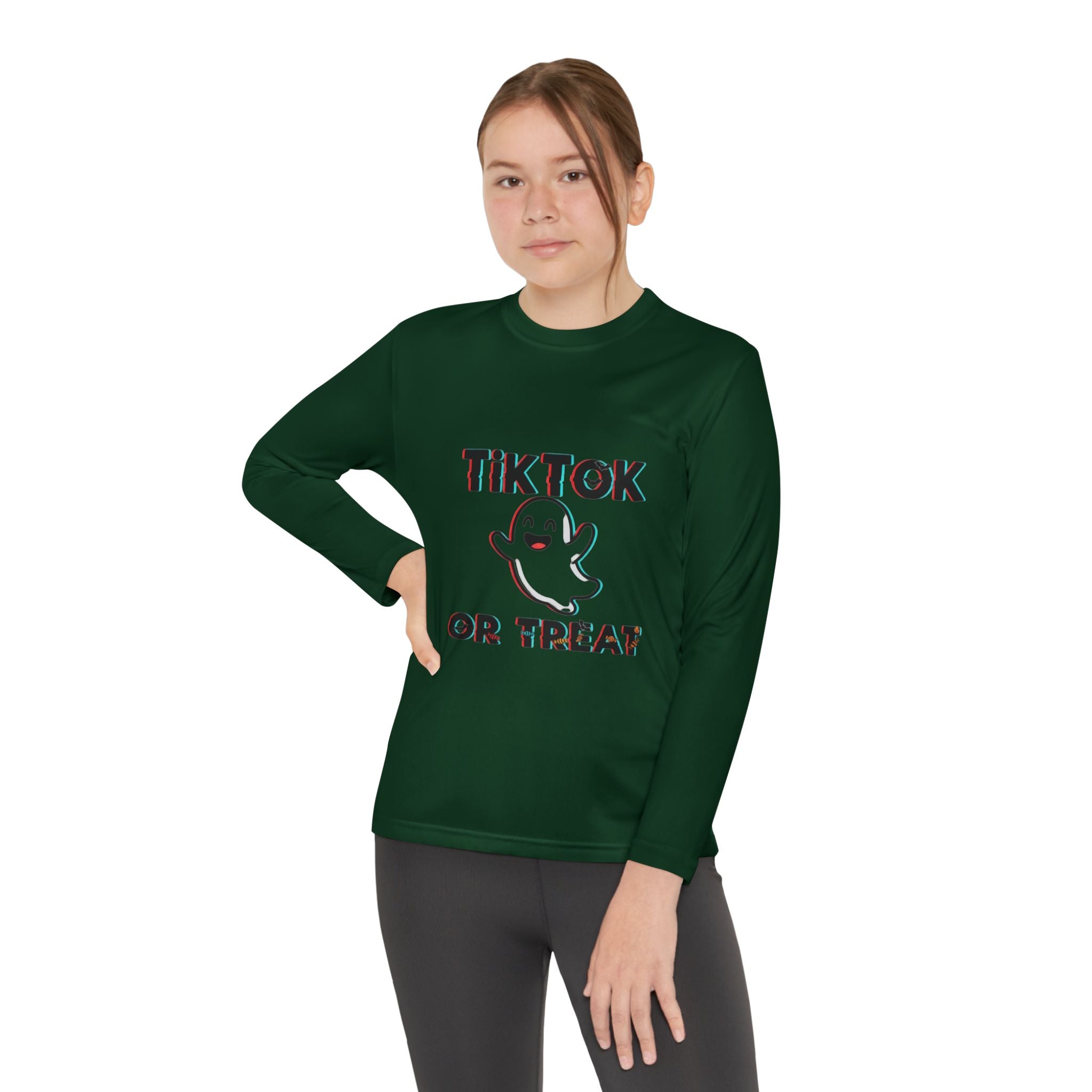TikTok Halloween Long Sleeve Tee, Youth Costume Shirt, Spooky Apparel, Trick or Treat Top, Youth Ghost Halloween Shirt