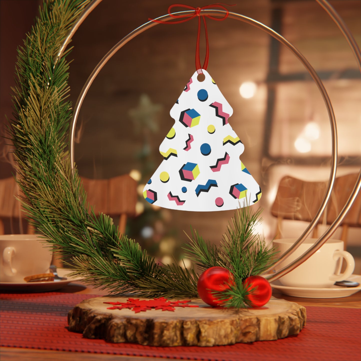 Memphis Geometric Metal Ornament — 80s Retro Bell Decoration