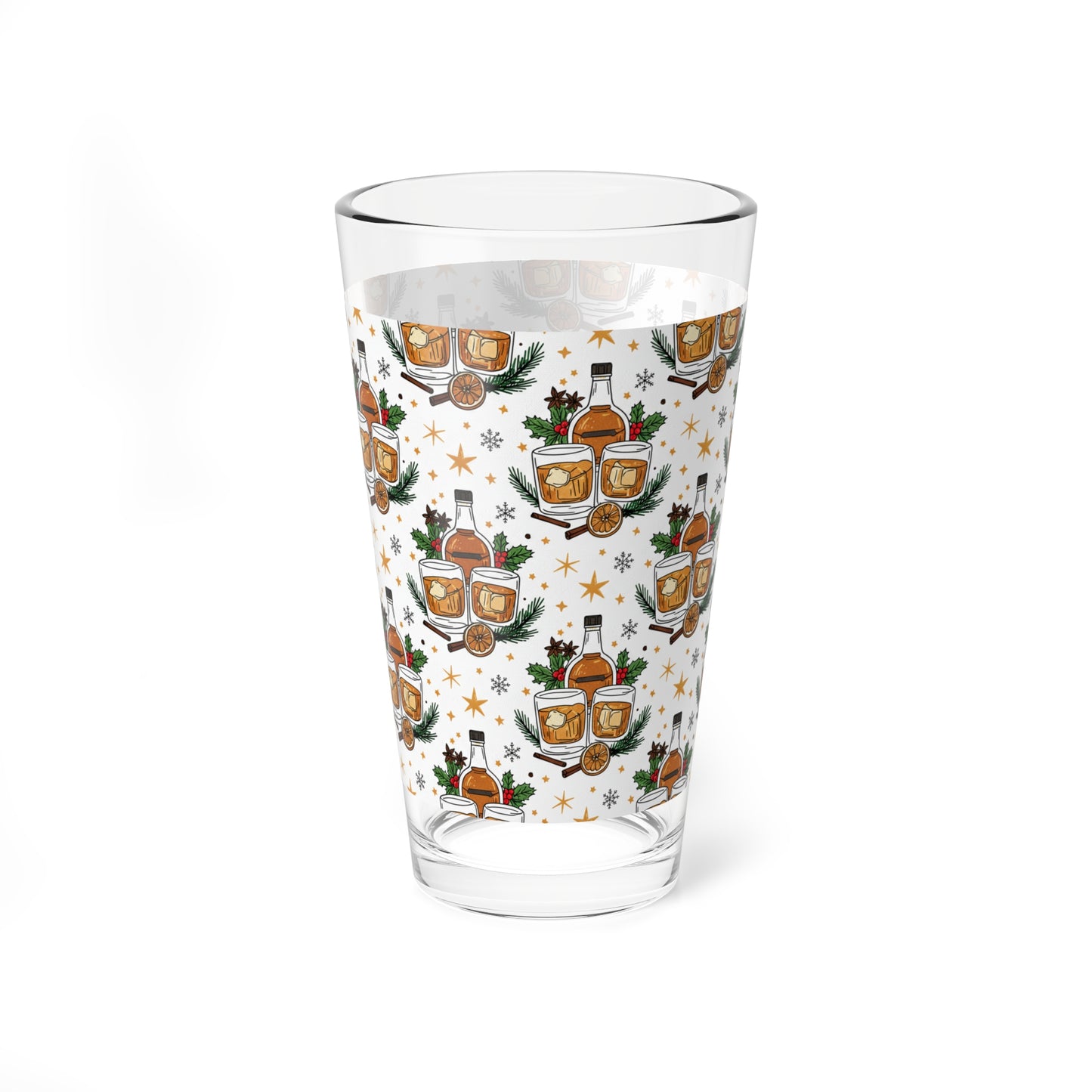 Whiskey Holiday Mixing Glass — 16oz Festive Cocktail Mixing Glass with Bottle & Glass Pattern (Free Shipping)