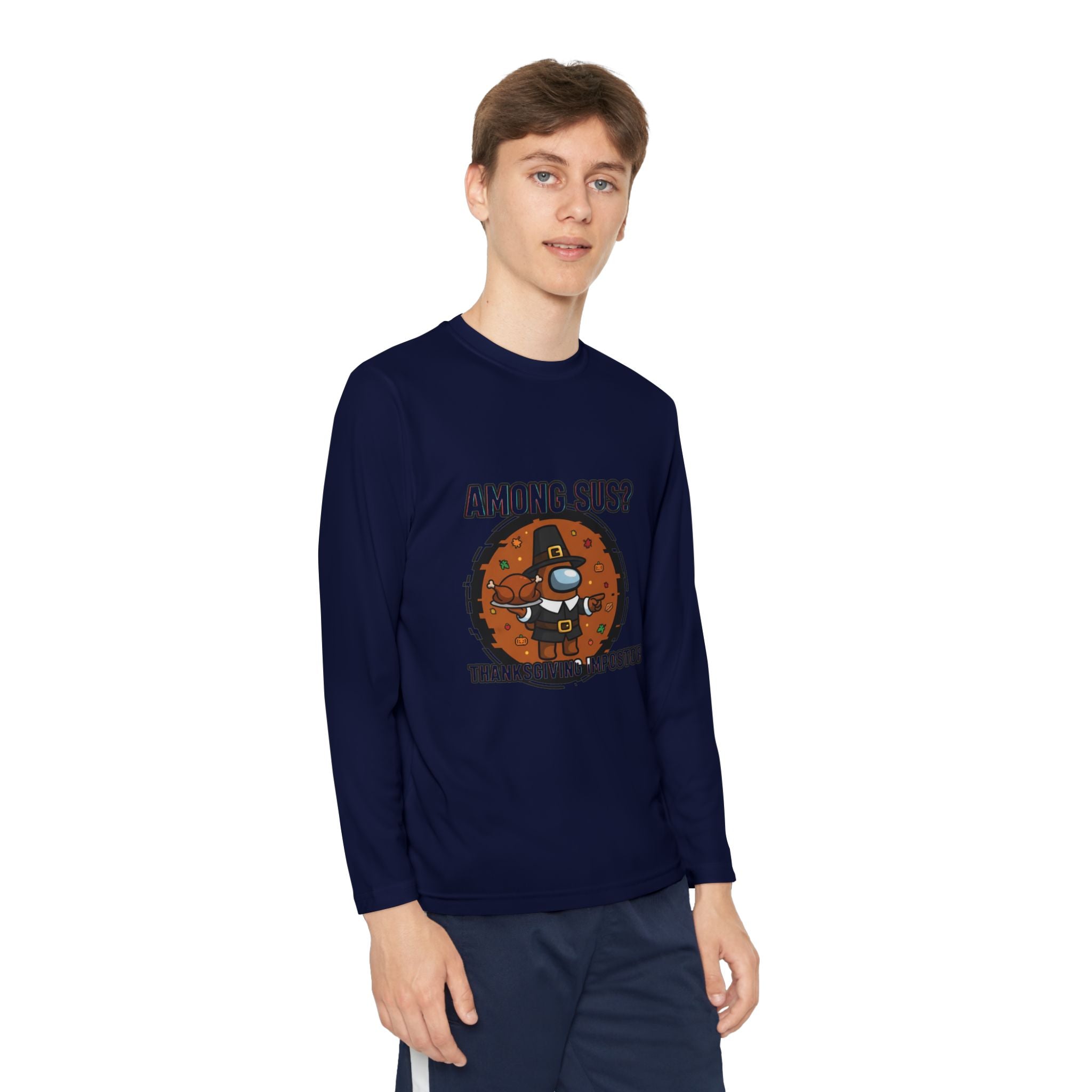 Among Sus? Thanksgiving Impostor Youth Tee, Fun Youth T-Shirt, Gamer Apparel for Kids, Long Sleeve Graphic Tee, Funny Thanksgiving Gift