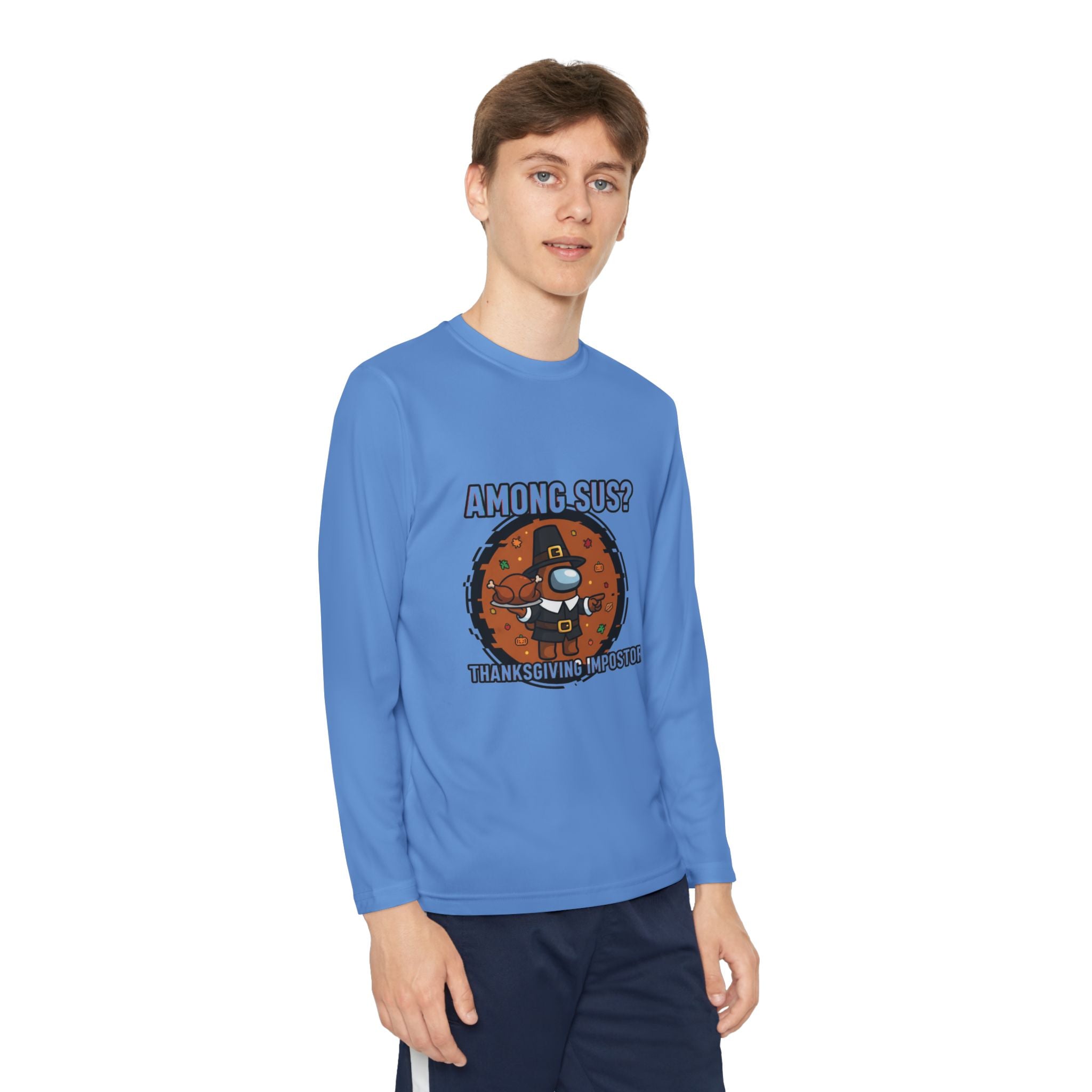 Among Sus? Thanksgiving Impostor Youth Tee, Fun Youth T-Shirt, Gamer Apparel for Kids, Long Sleeve Graphic Tee, Funny Thanksgiving Gift