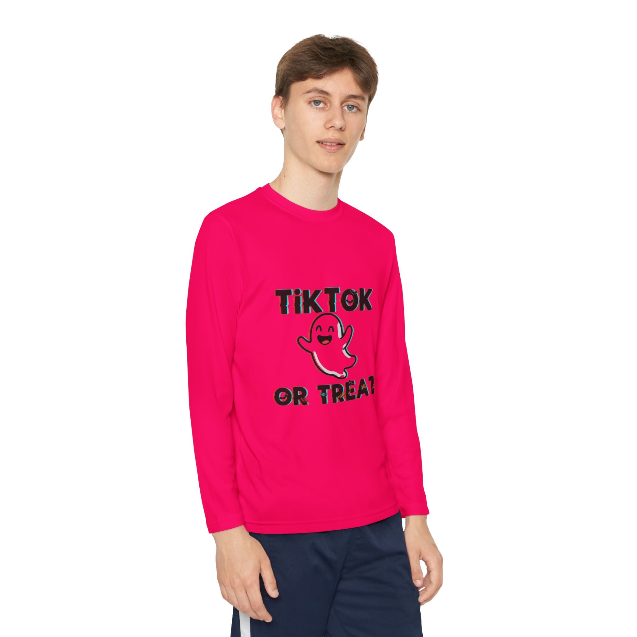 TikTok Halloween Long Sleeve Tee, Youth Costume Shirt, Spooky Apparel, Trick or Treat Top, Youth Ghost Halloween Shirt