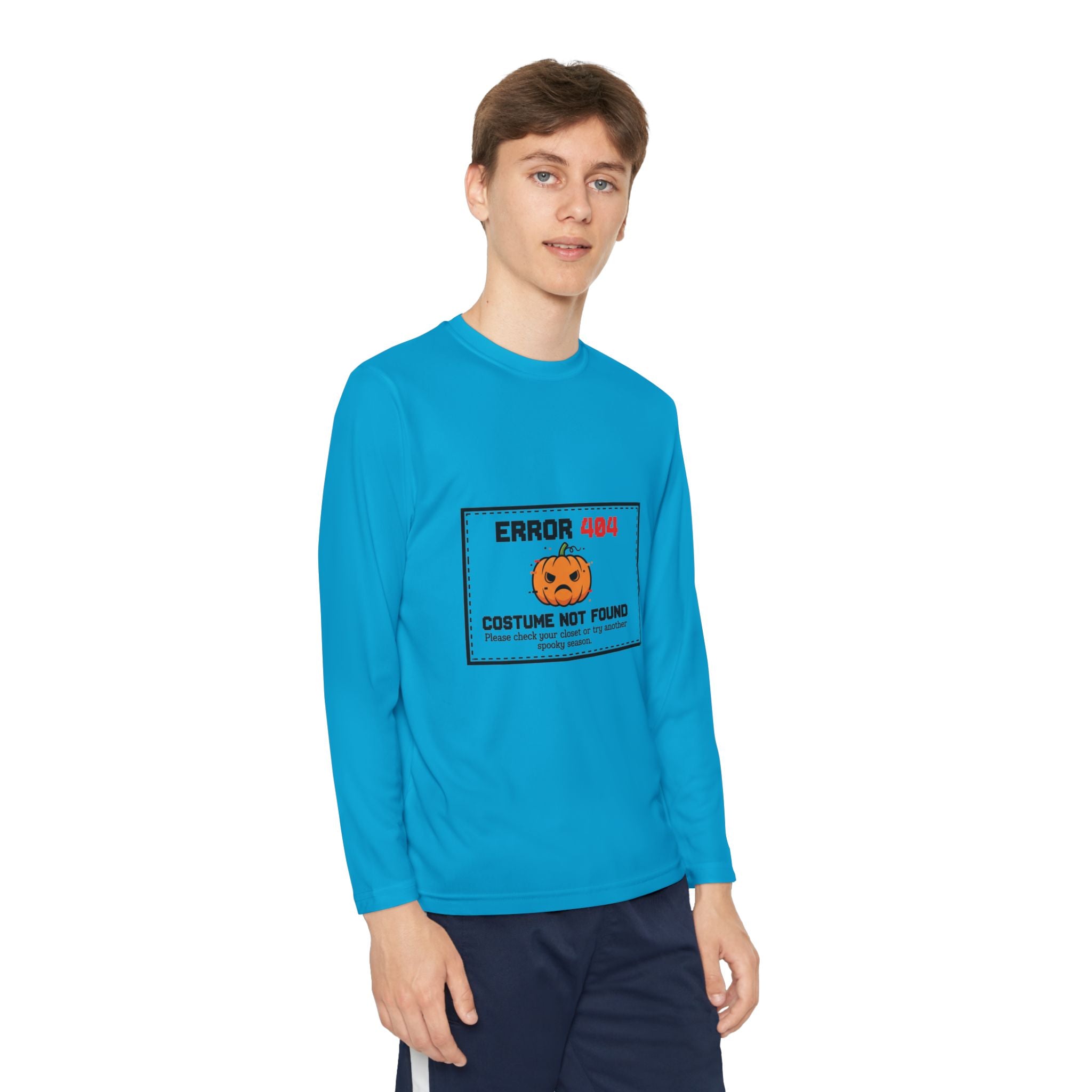 Youth Long Sleeve Halloween Tee, Kids Costume Shirt, Spooky Error 404 Top, Funny Trick-or-Treat Apparel, Halloween Party Outfit