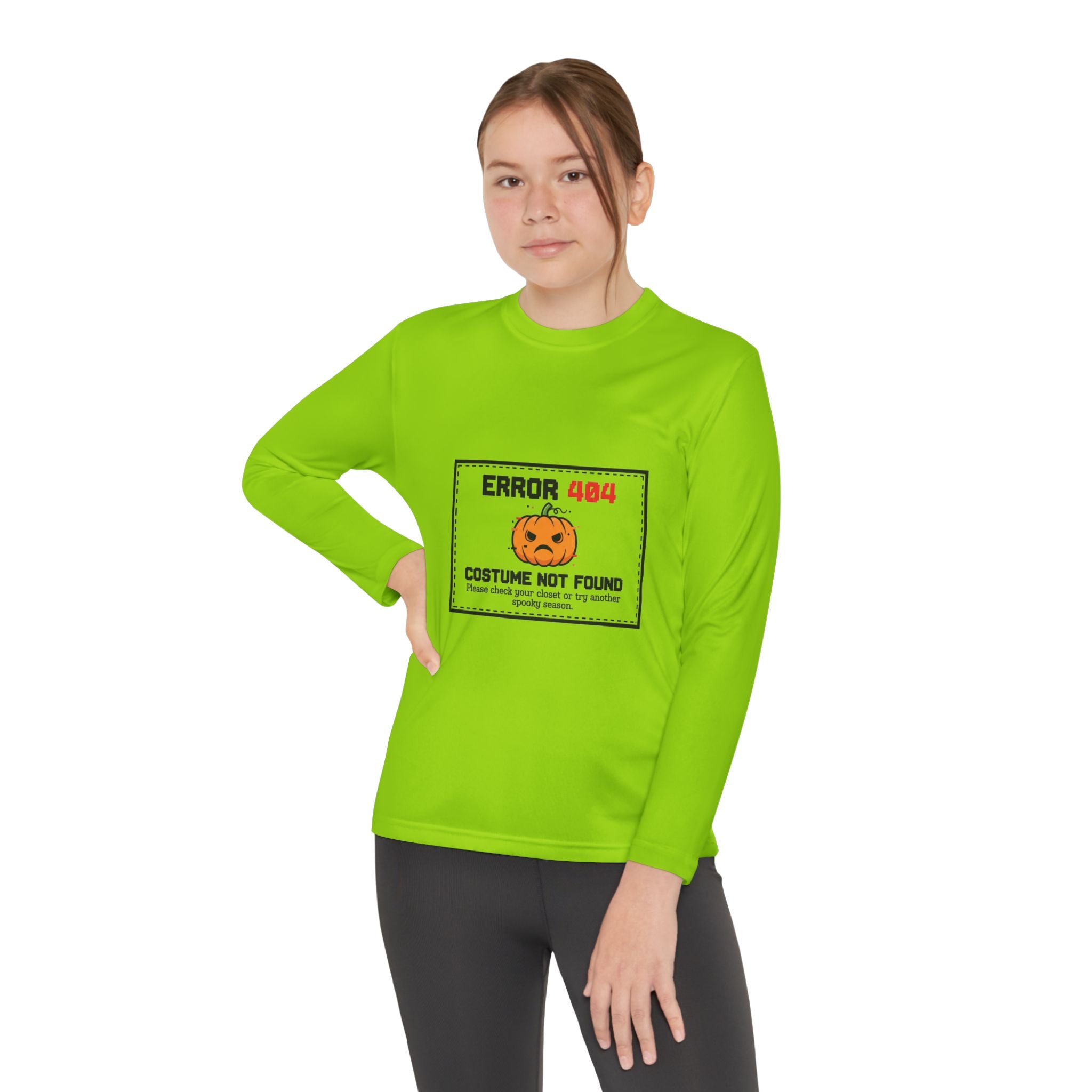 Youth Long Sleeve Halloween Tee, Kids Costume Shirt, Spooky Error 404 Top, Funny Trick-or-Treat Apparel, Halloween Party Outfit