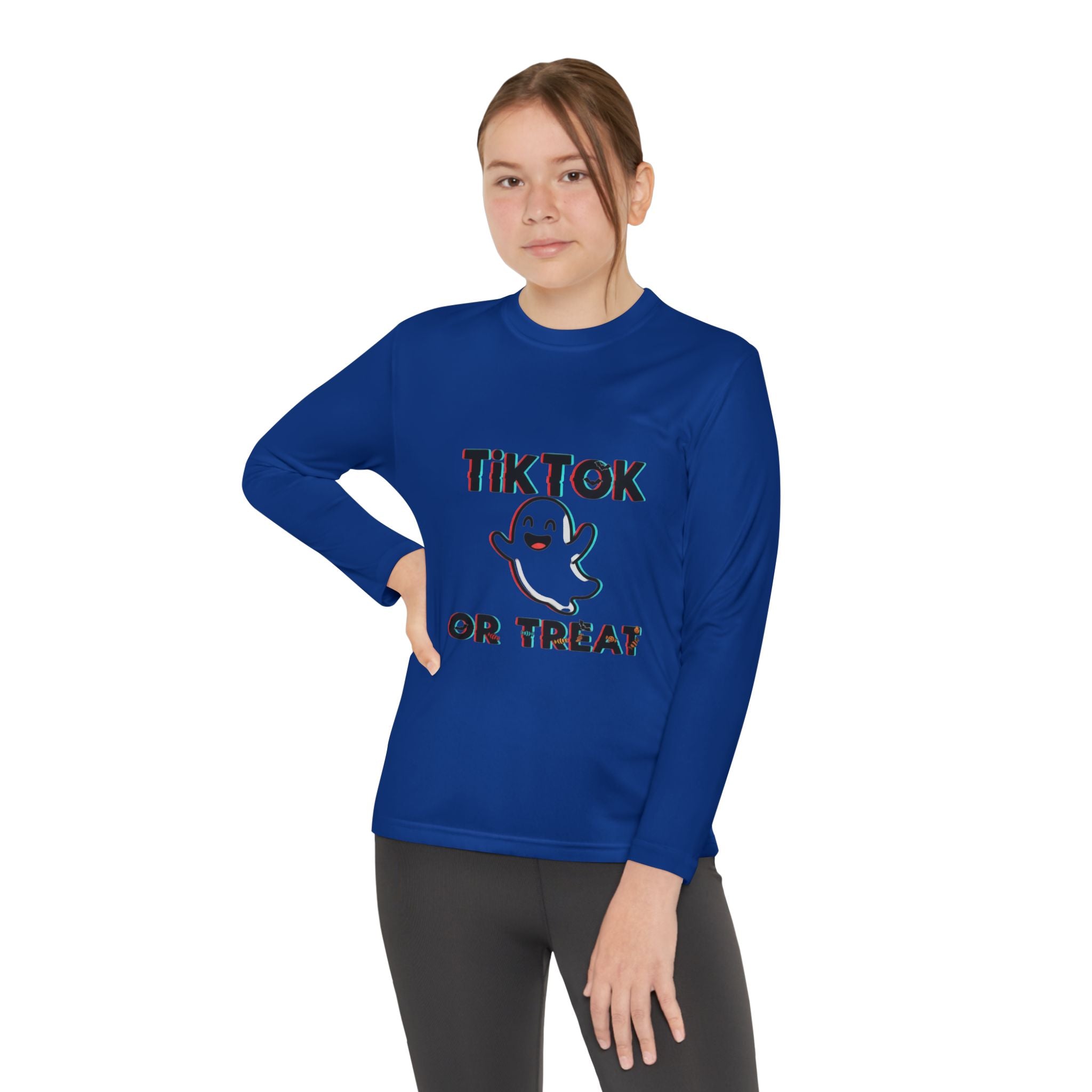 TikTok Halloween Long Sleeve Tee, Youth Costume Shirt, Spooky Apparel, Trick or Treat Top, Youth Ghost Halloween Shirt