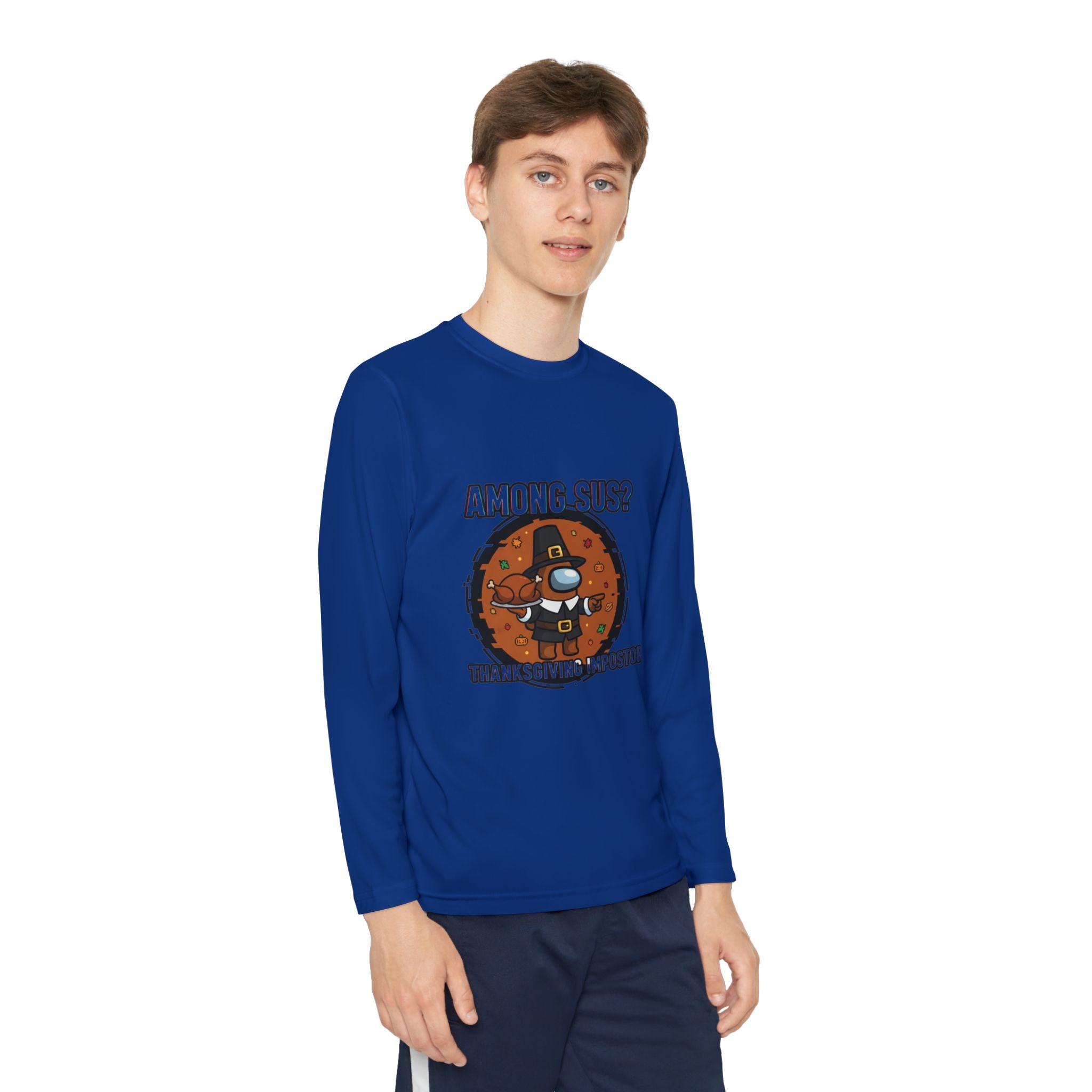 Among Sus? Thanksgiving Impostor Youth Tee, Fun Youth T-Shirt, Gamer Apparel for Kids, Long Sleeve Graphic Tee, Funny Thanksgiving Gift