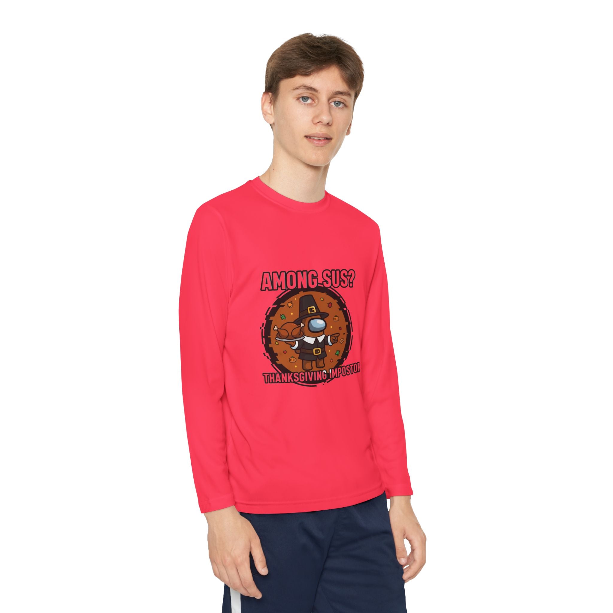 Among Sus? Thanksgiving Impostor Youth Tee, Fun Youth T-Shirt, Gamer Apparel for Kids, Long Sleeve Graphic Tee, Funny Thanksgiving Gift