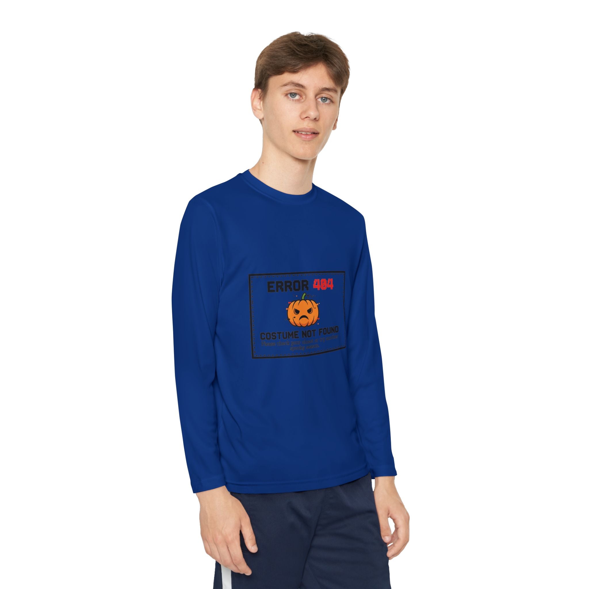 Youth Long Sleeve Halloween Tee, Kids Costume Shirt, Spooky Error 404 Top, Funny Trick-or-Treat Apparel, Halloween Party Outfit