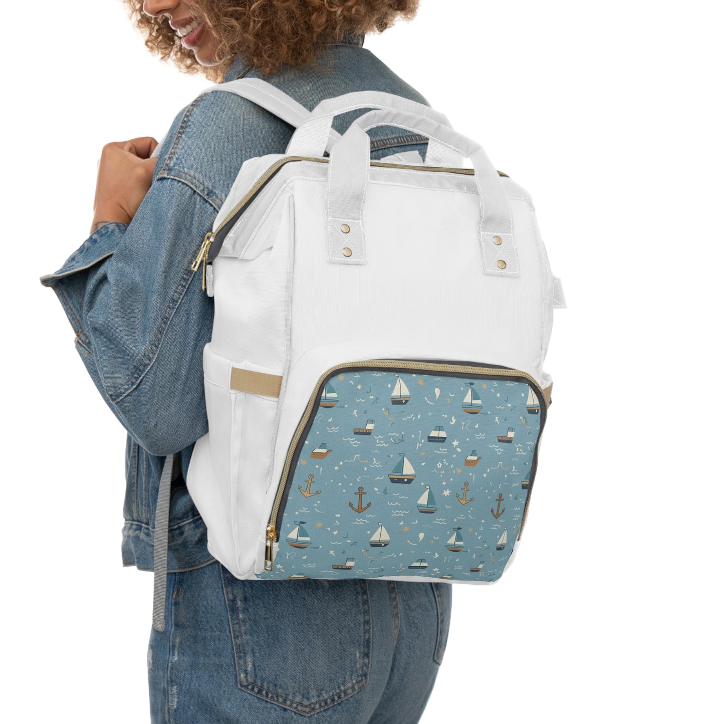 Nautical Baby Diaper Backpack — Multifunctional Changing Bag with Sailboat Print