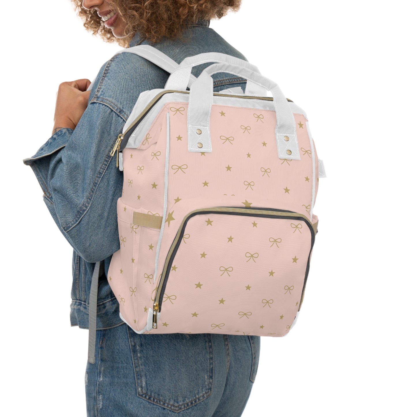 Pink Bow & Stars Diaper Backpack – Multifunctional Mommy Bag with Changing Pad