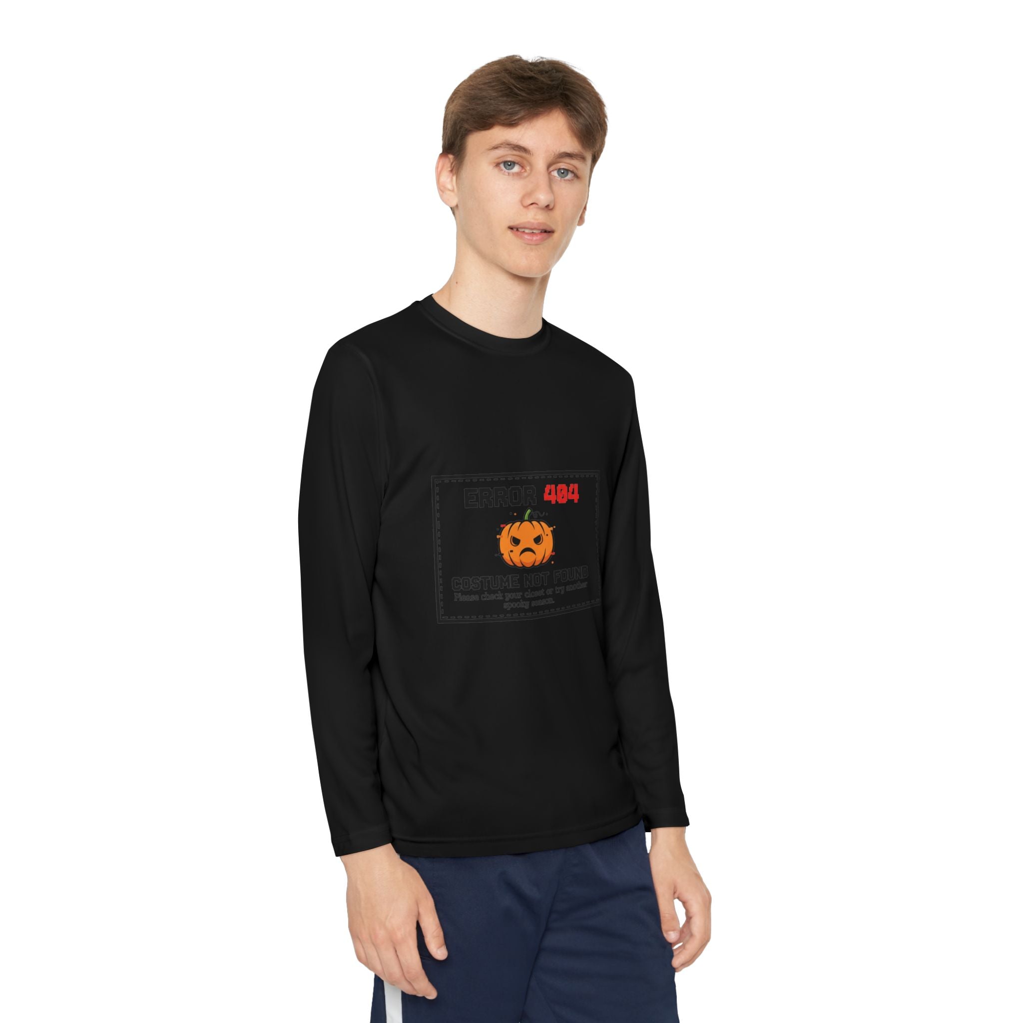 Youth Long Sleeve Halloween Tee, Kids Costume Shirt, Spooky Error 404 Top, Funny Trick-or-Treat Apparel, Halloween Party Outfit