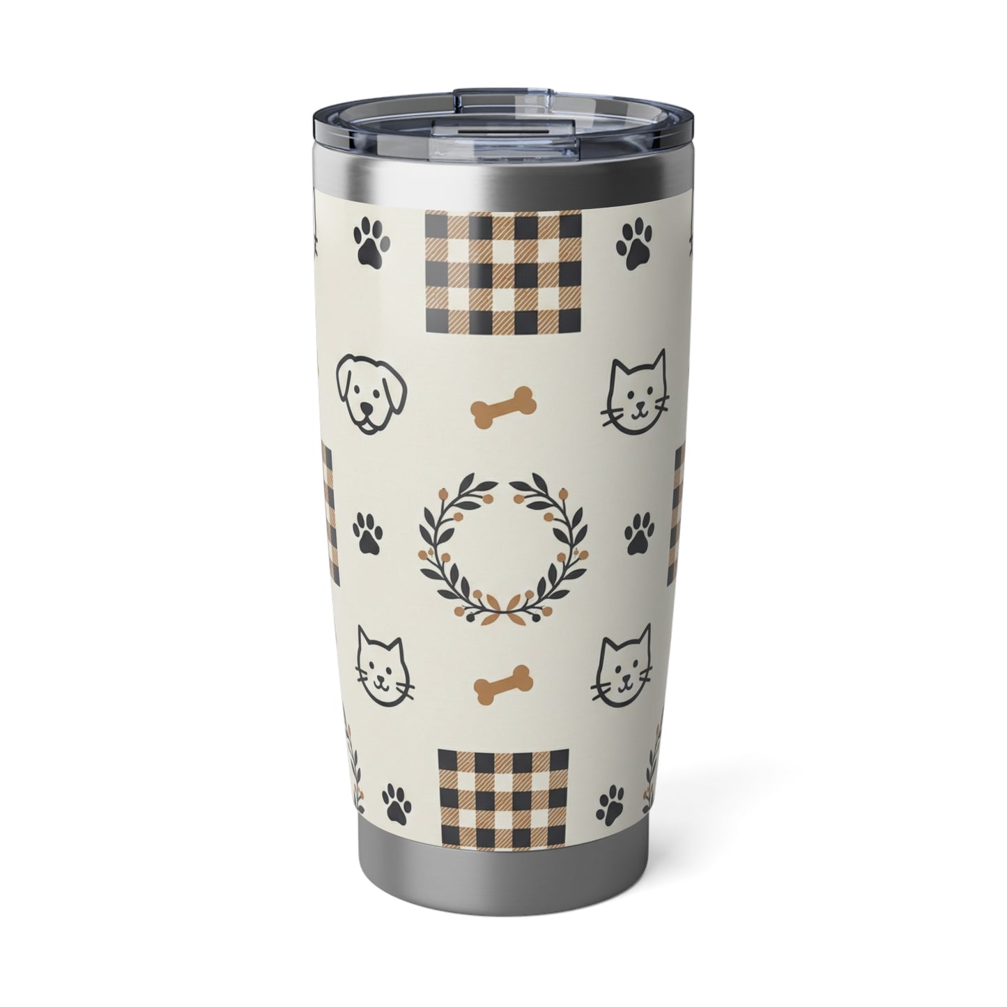 20oz Tumbler - Cozy Plaid Pets Travel Cup (Dog & Cat Paw, Bone & Wreath Design)